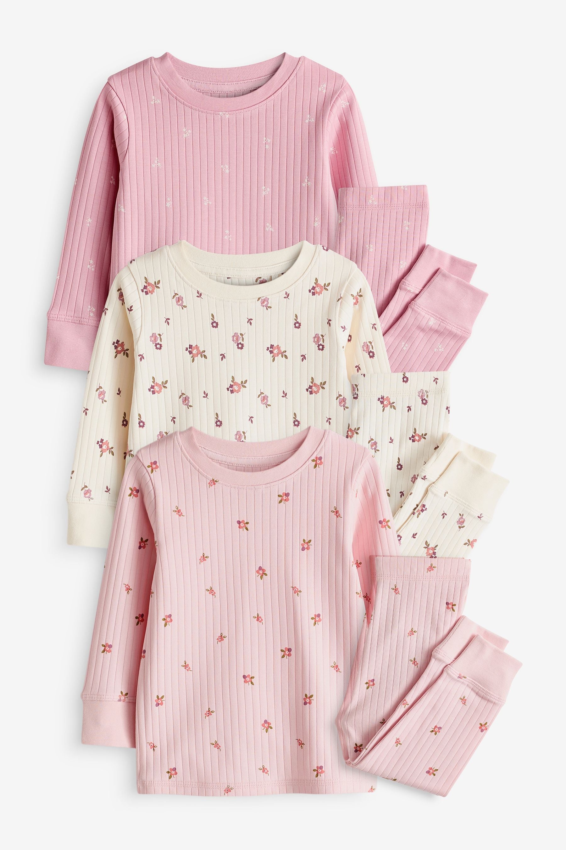 Pink/ White Ditsy 100% Cotton Floral Snuggle Pyjamas 3 Pack (9mths-12yrs)