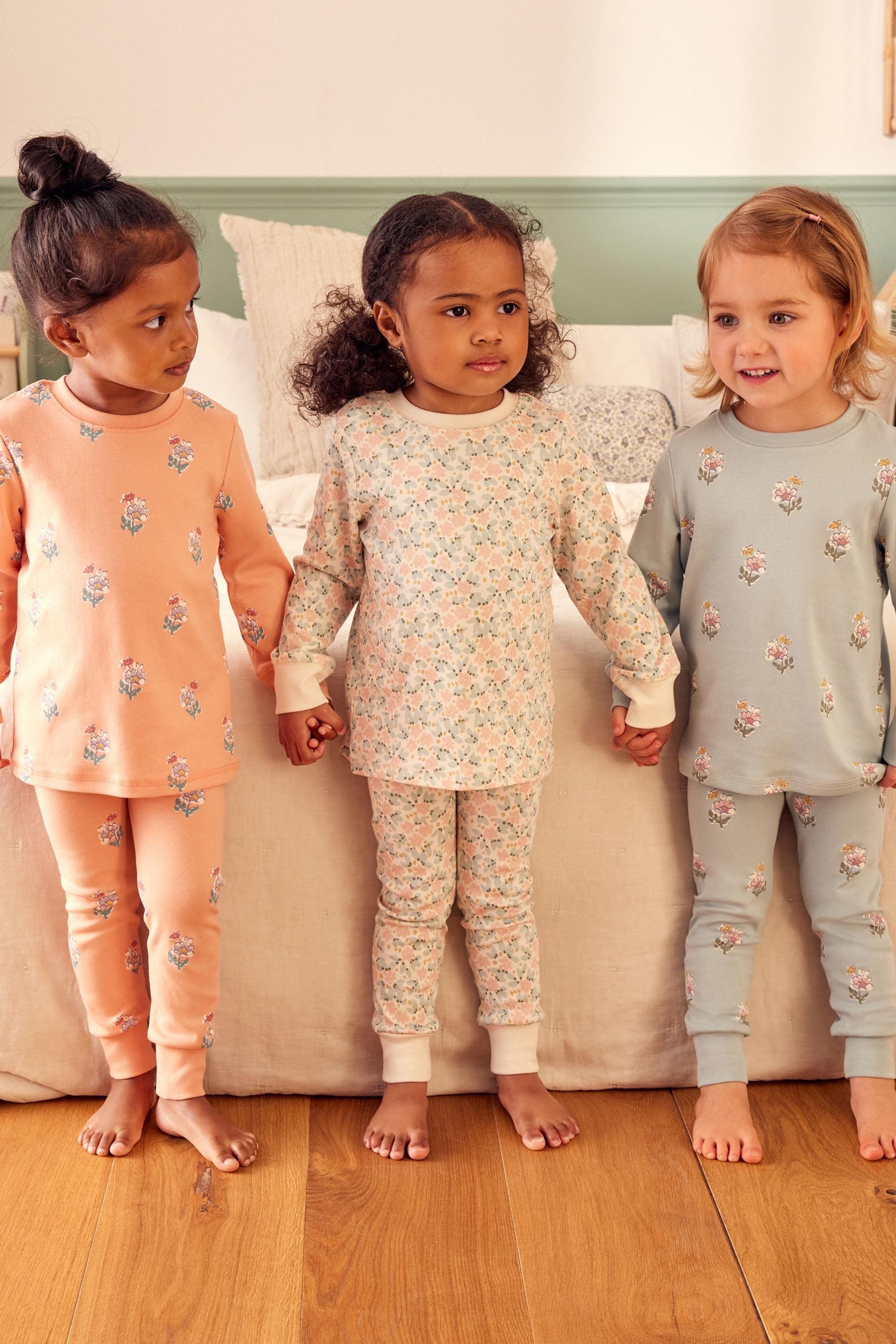 Blue/ Peach/ Cream Ditsy 100% Cotton Floral Pyjamas 3 Pack (9mths-16yrs)