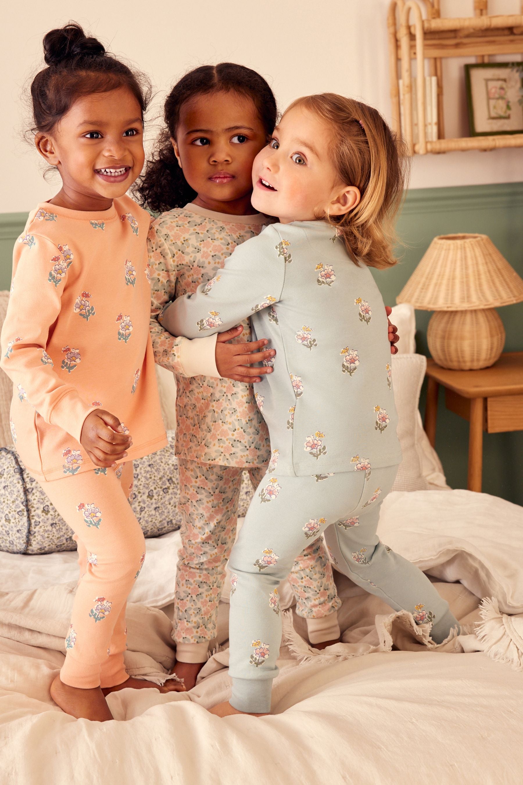 Blue/ Peach/ Cream Ditsy 100% Cotton Floral Pyjamas 3 Pack (9mths-16yrs)