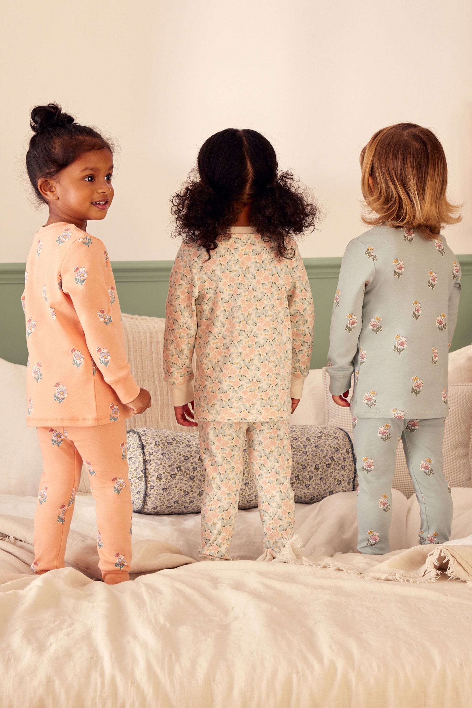 Blue/ Peach/ Cream Ditsy 100% Cotton Floral Pyjamas 3 Pack (9mths-16yrs)