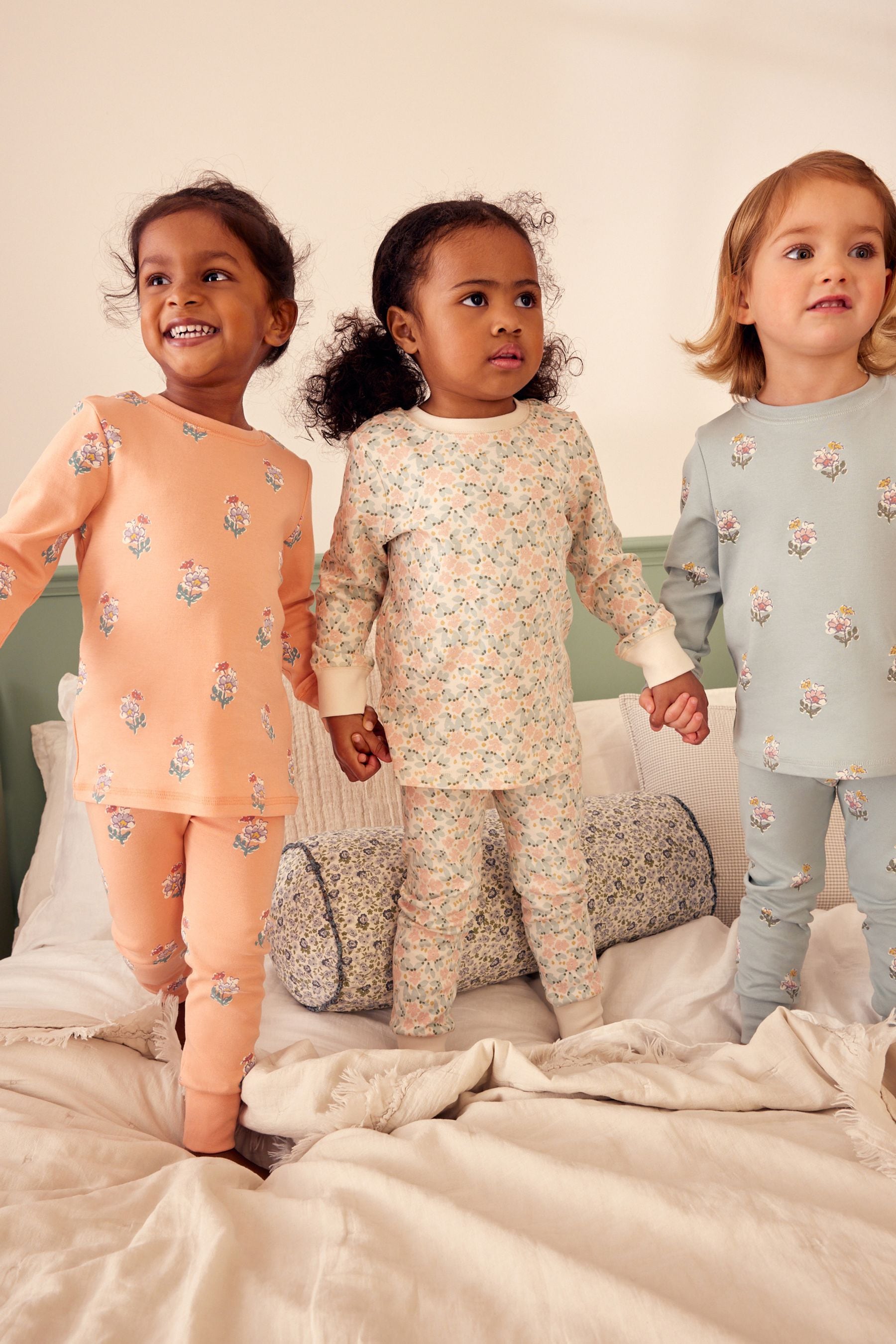 Blue/ Peach/ Cream Ditsy 100% Cotton Floral Pyjamas 3 Pack (9mths-16yrs)