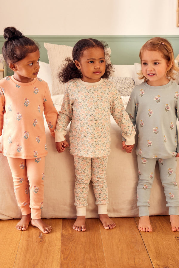 Blue/ Peach/ Cream Ditsy 3 Pack 100% Cotton Floral Snuggle Pyjamas (9mths-16yrs)