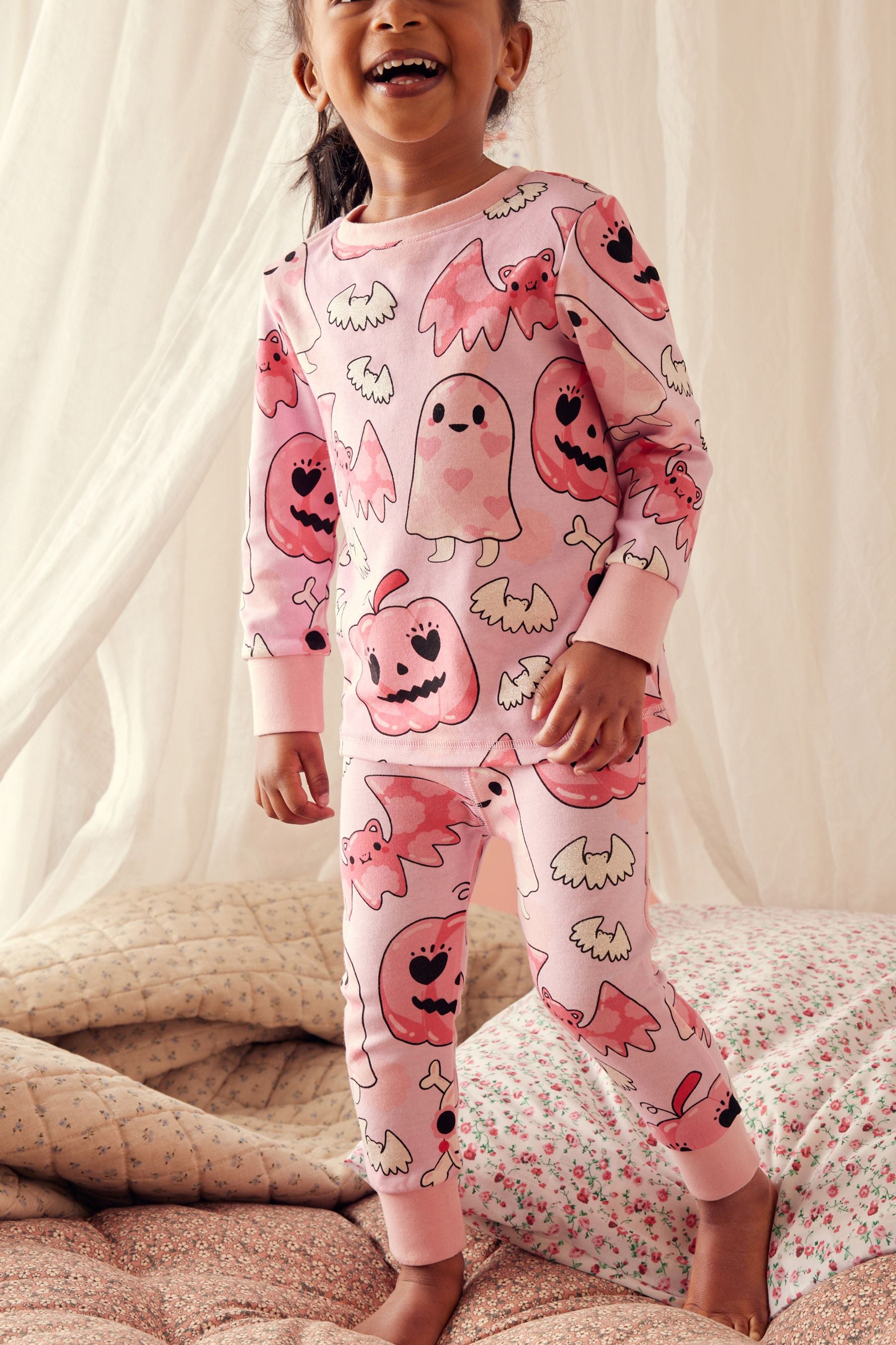 Pink Ghost Matching Family Halloween 100% Cotton Glow in the Dark Pyjamas (9mths-12yrs)