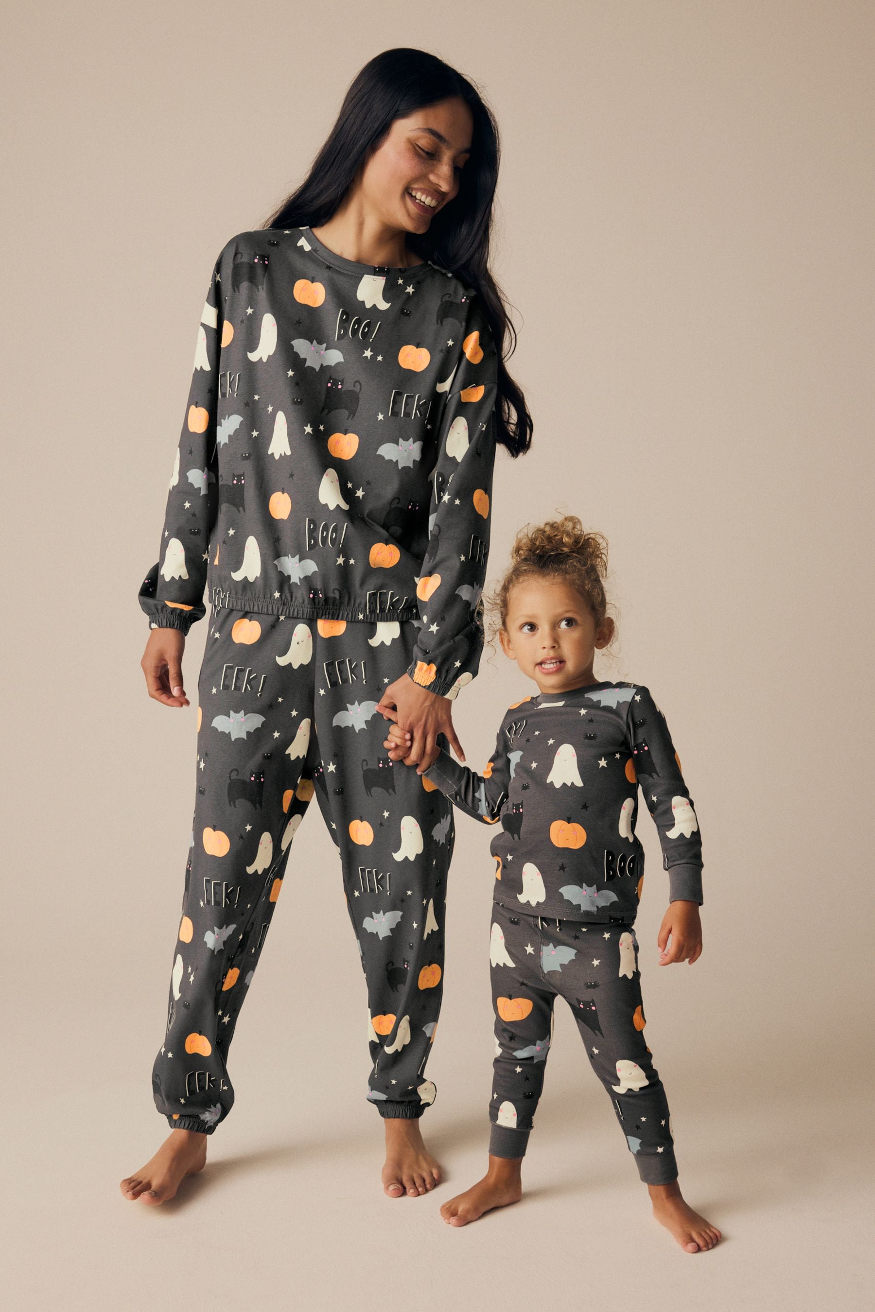 Grey Matching Family Halloween 100% Cotton Glow in the Dark Snuggle Pyjamas (9mths-12yrs)