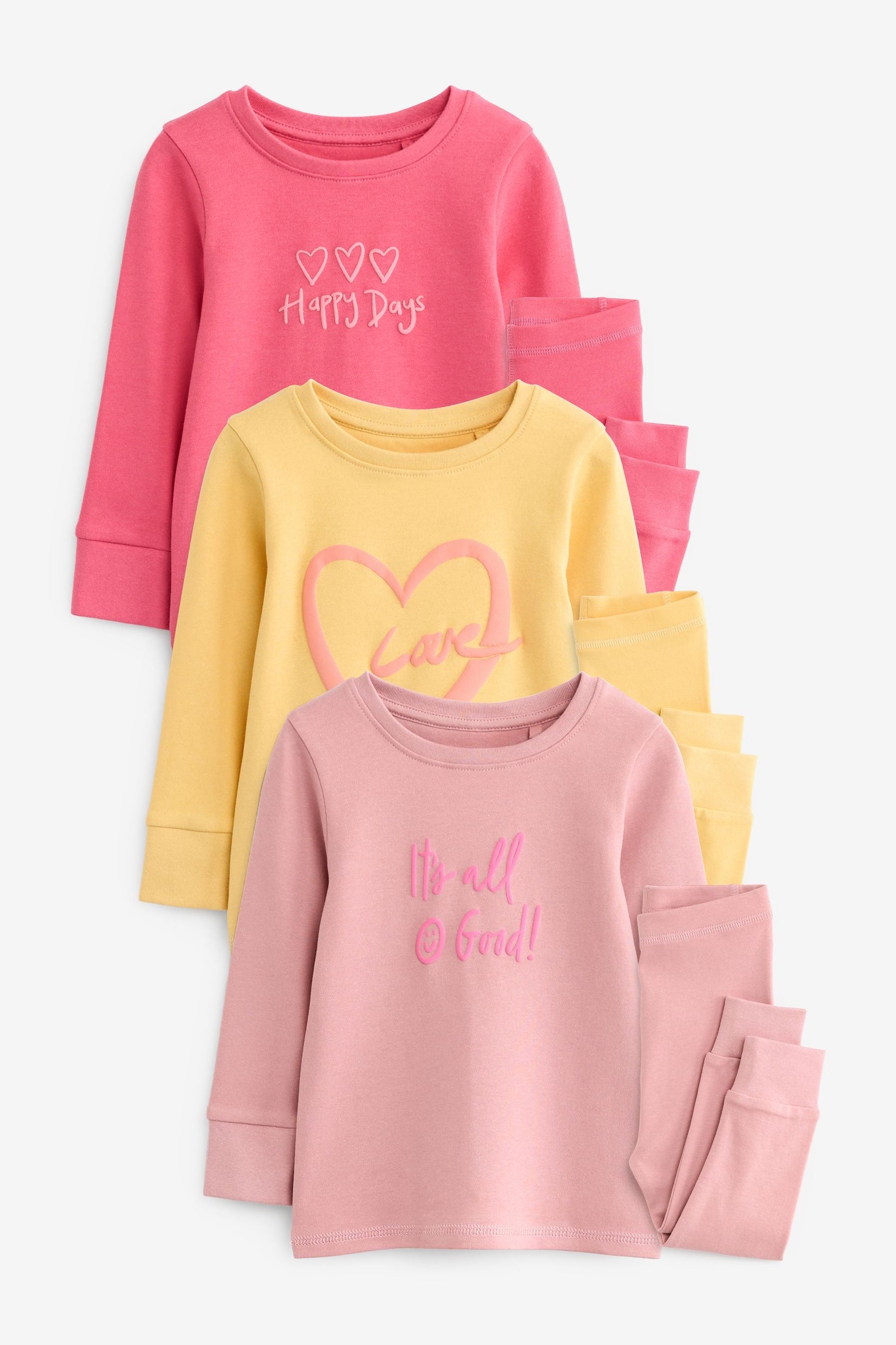 Pink/Yellow Slogan Printed Pyjamas 3 Pack (9mths-12yrs)