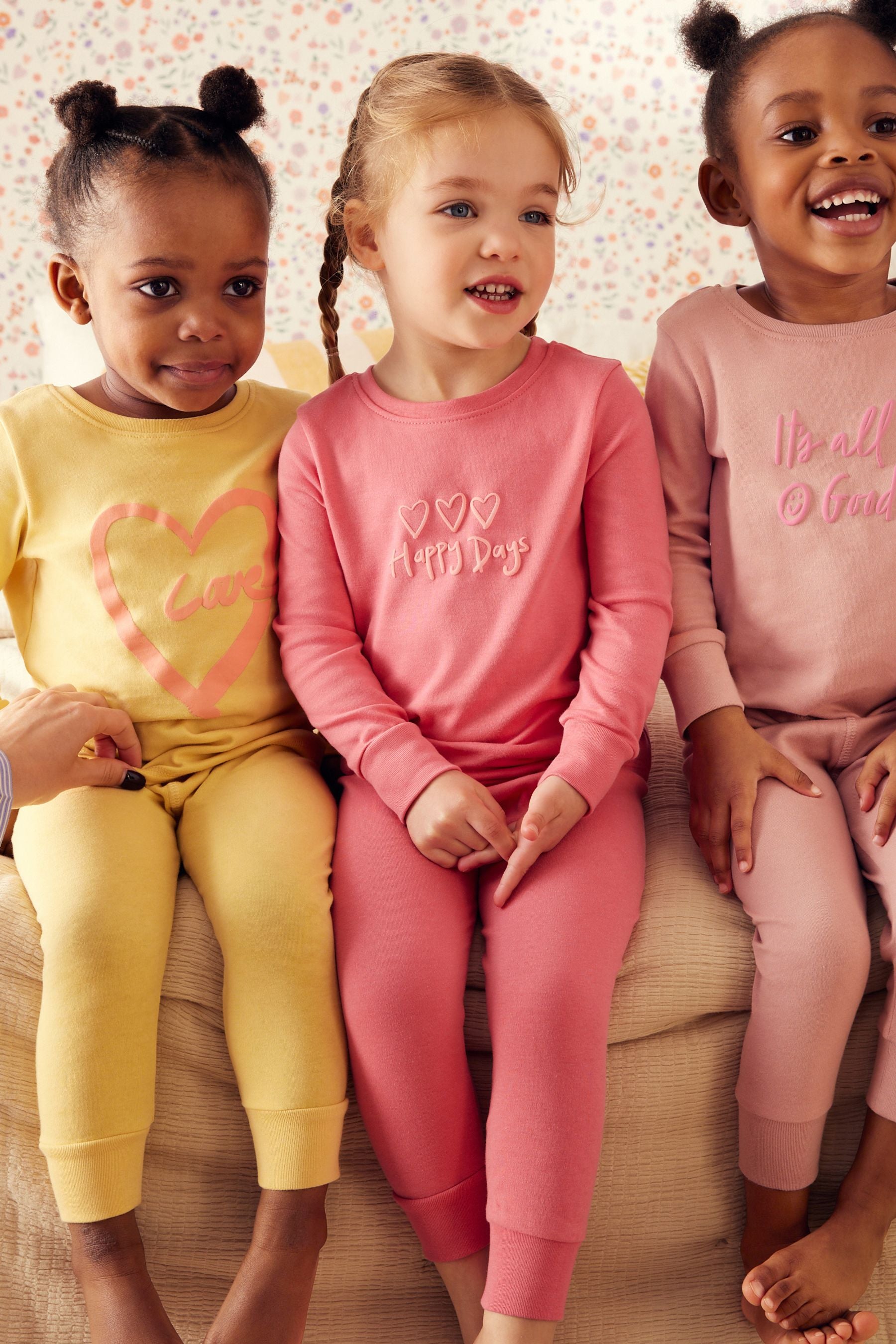 Pink/Yellow Slogan 3 Pack 100% Cotton Printed Snuggle Pyjamas (9mths-12yrs)