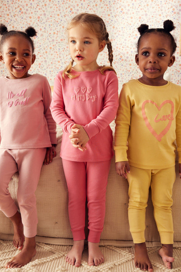 Pink/Yellow Slogan 3 Pack 100% Cotton Printed Snuggle Pyjamas (9mths-12yrs)