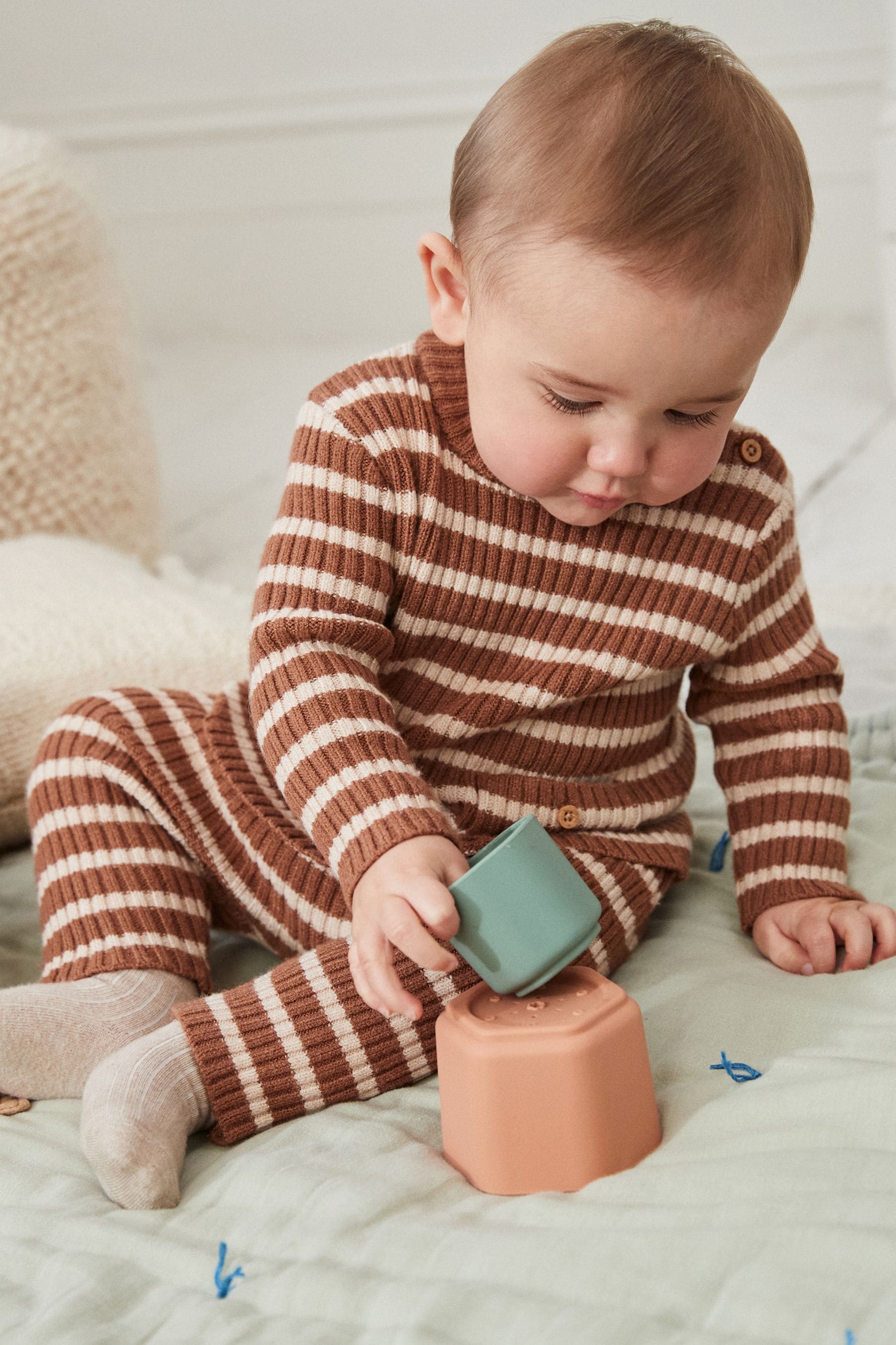 Brown Stripe Knitted Rib Top and Leggings Baby Set (0mths-2yrs)