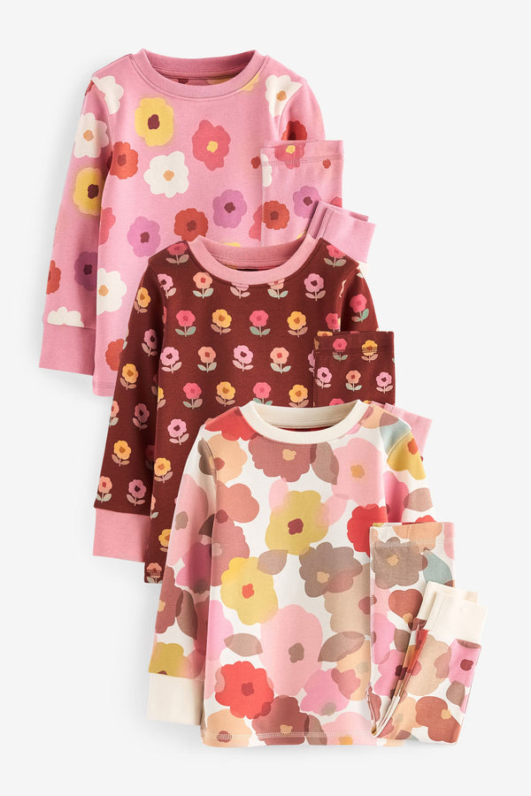 Pink/ Tan/ White Retro Floral 3 Pack 100% Cotton Floral Snuggle Pyjamas (9mths-16yrs)