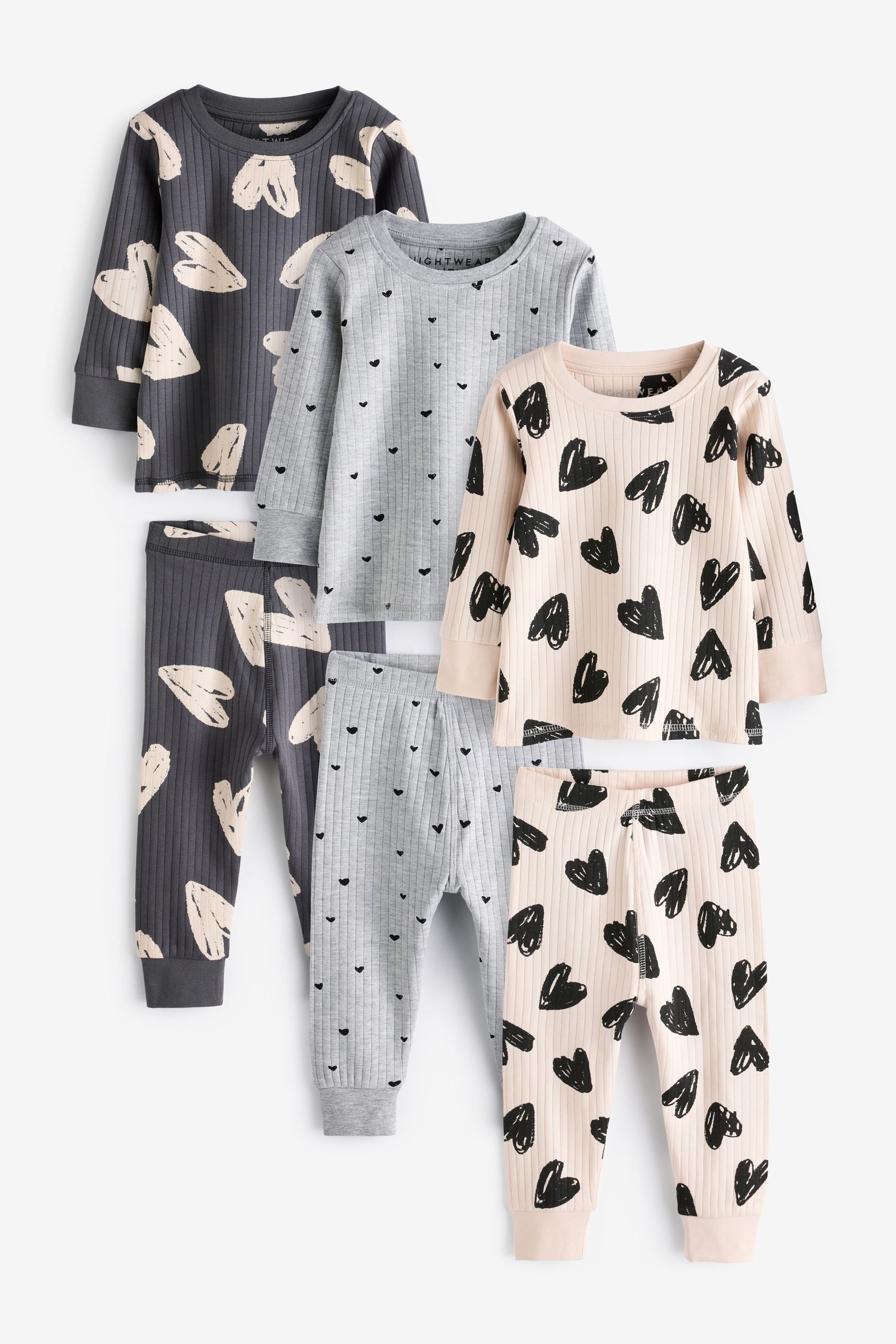 Charocal/Grey/Cream Heart 100% Cotton Floral Snuggle Pyjamas 3 Pack (9mths-12yrs)