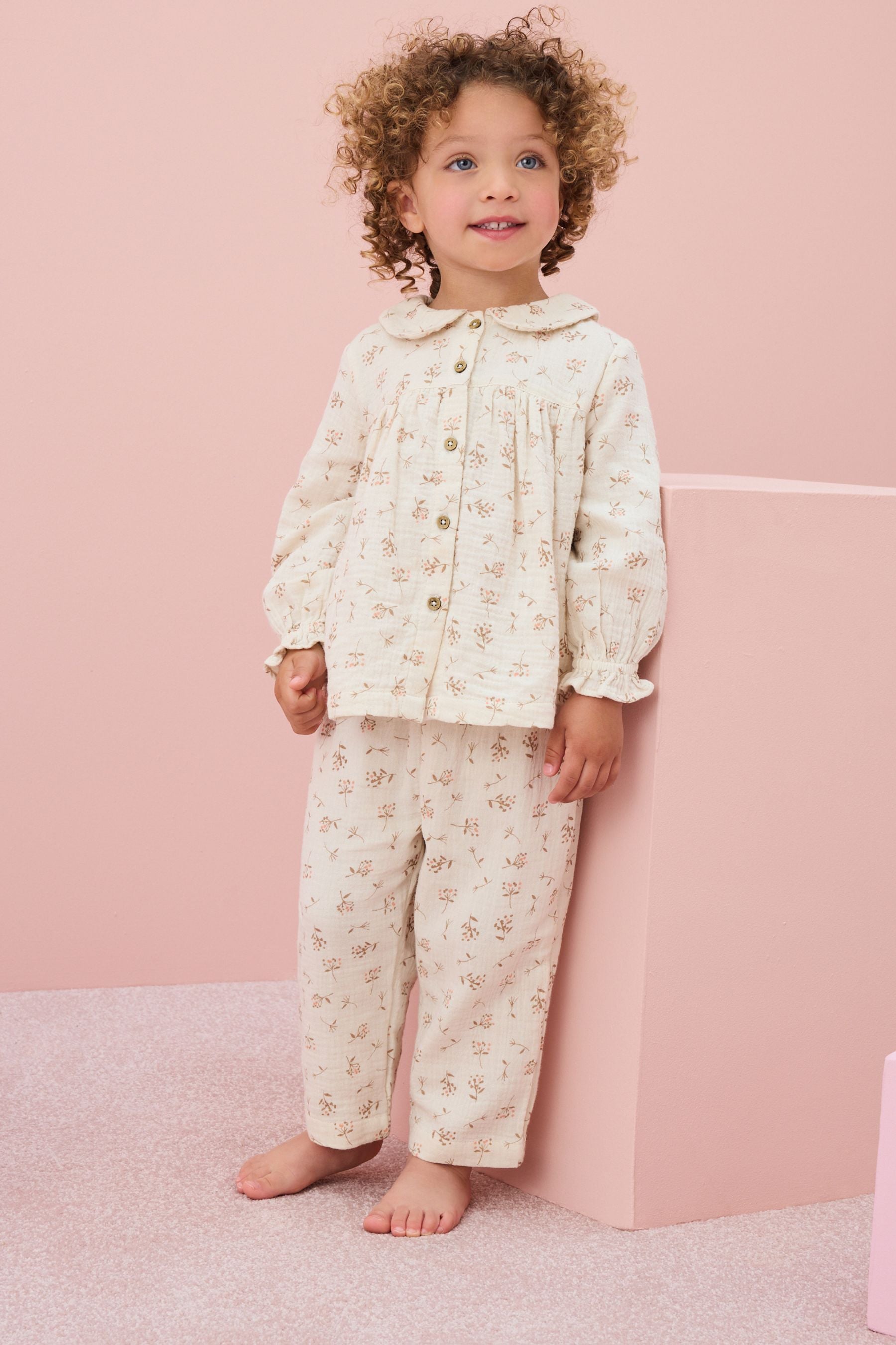 Cream Ditsy 100% Cotton Button Through Pyjamas (9mths-10yrs)