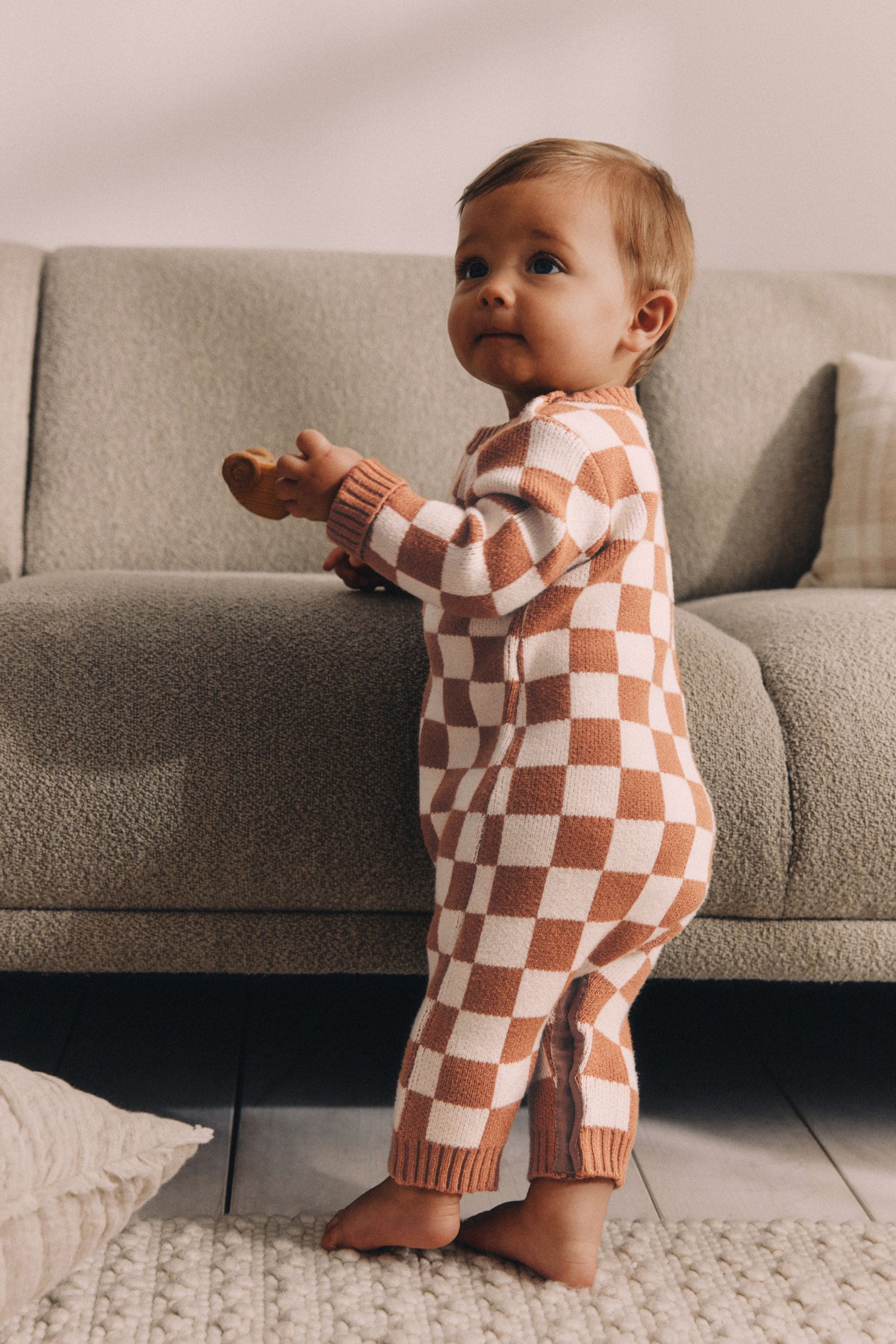 Brown Checkerboard Knitted Baby Romper (0mths-2yrs)