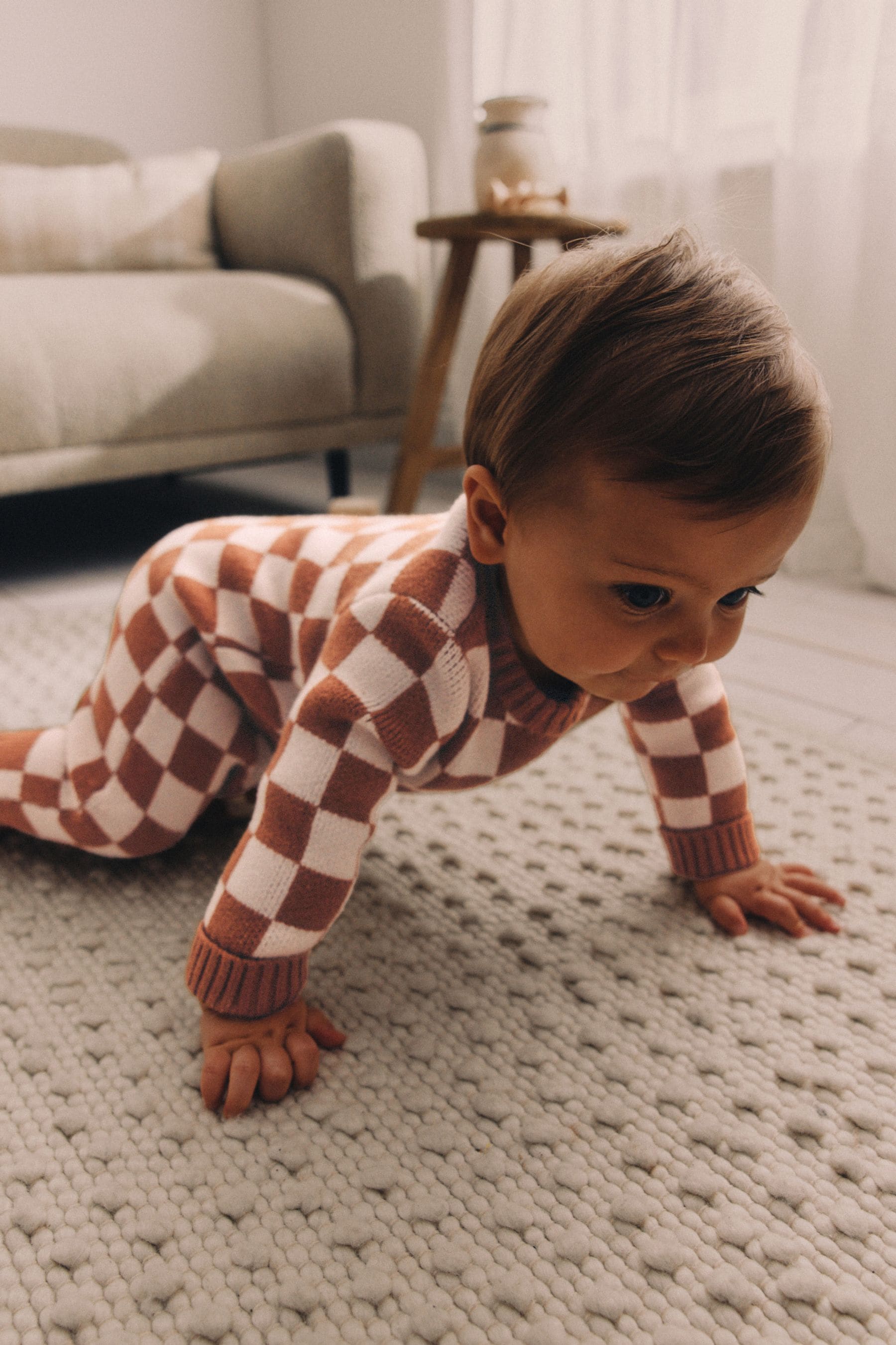 Brown Checkerboard Knitted Baby Romper (0mths-2yrs)