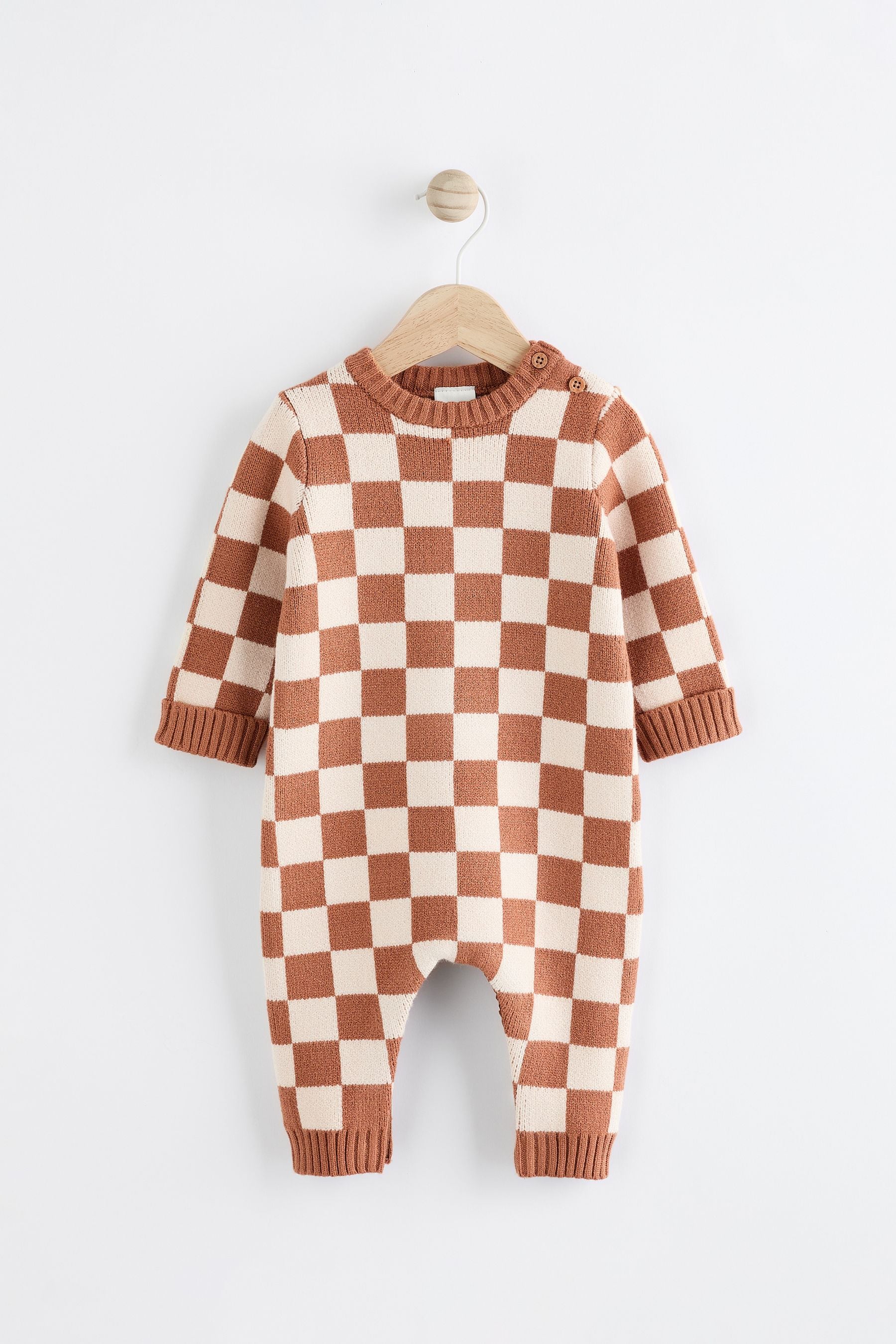 Brown Checkerboard Knitted Baby Romper (0mths-2yrs)