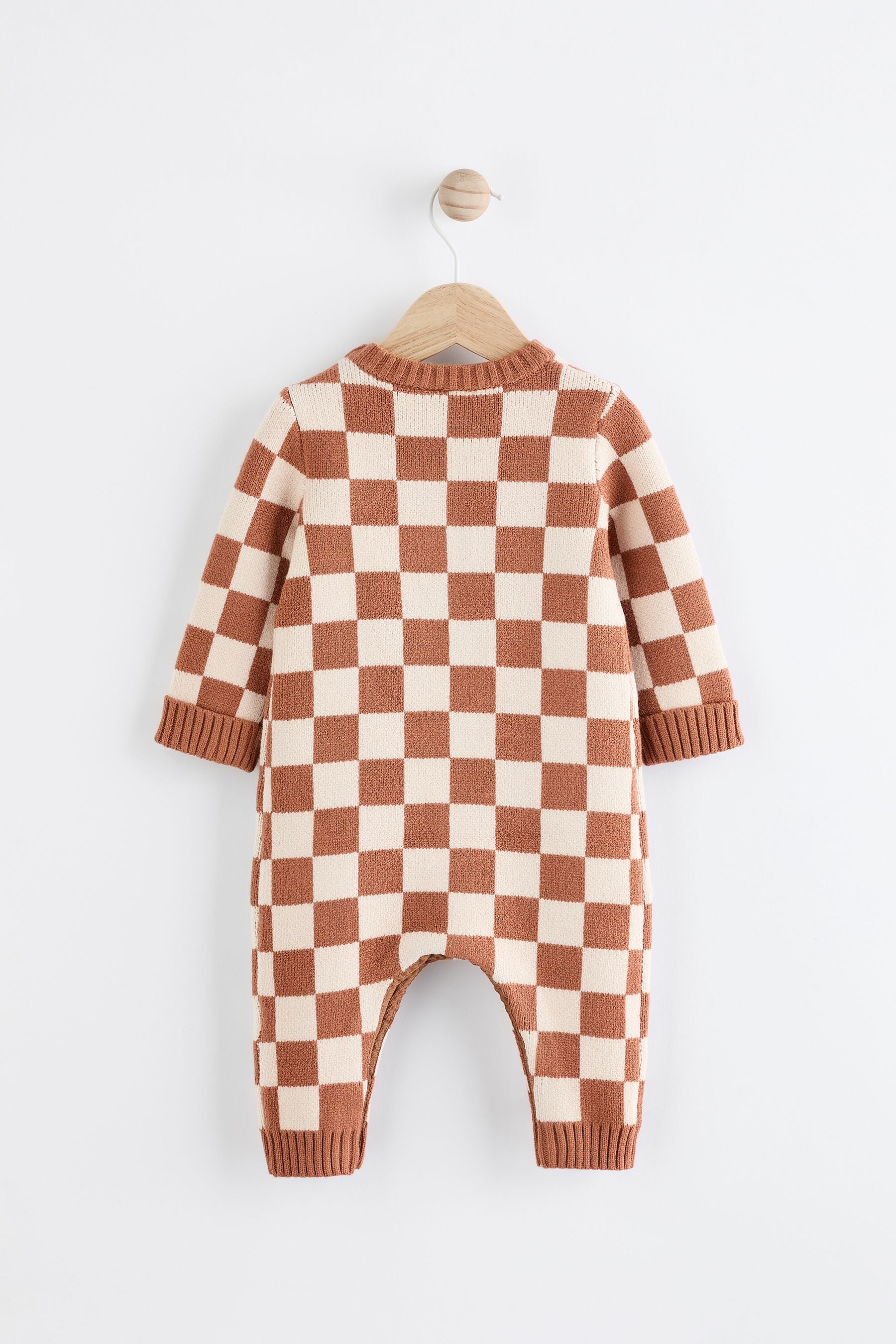 Brown Checkerboard Knitted Baby Romper (0mths-2yrs)