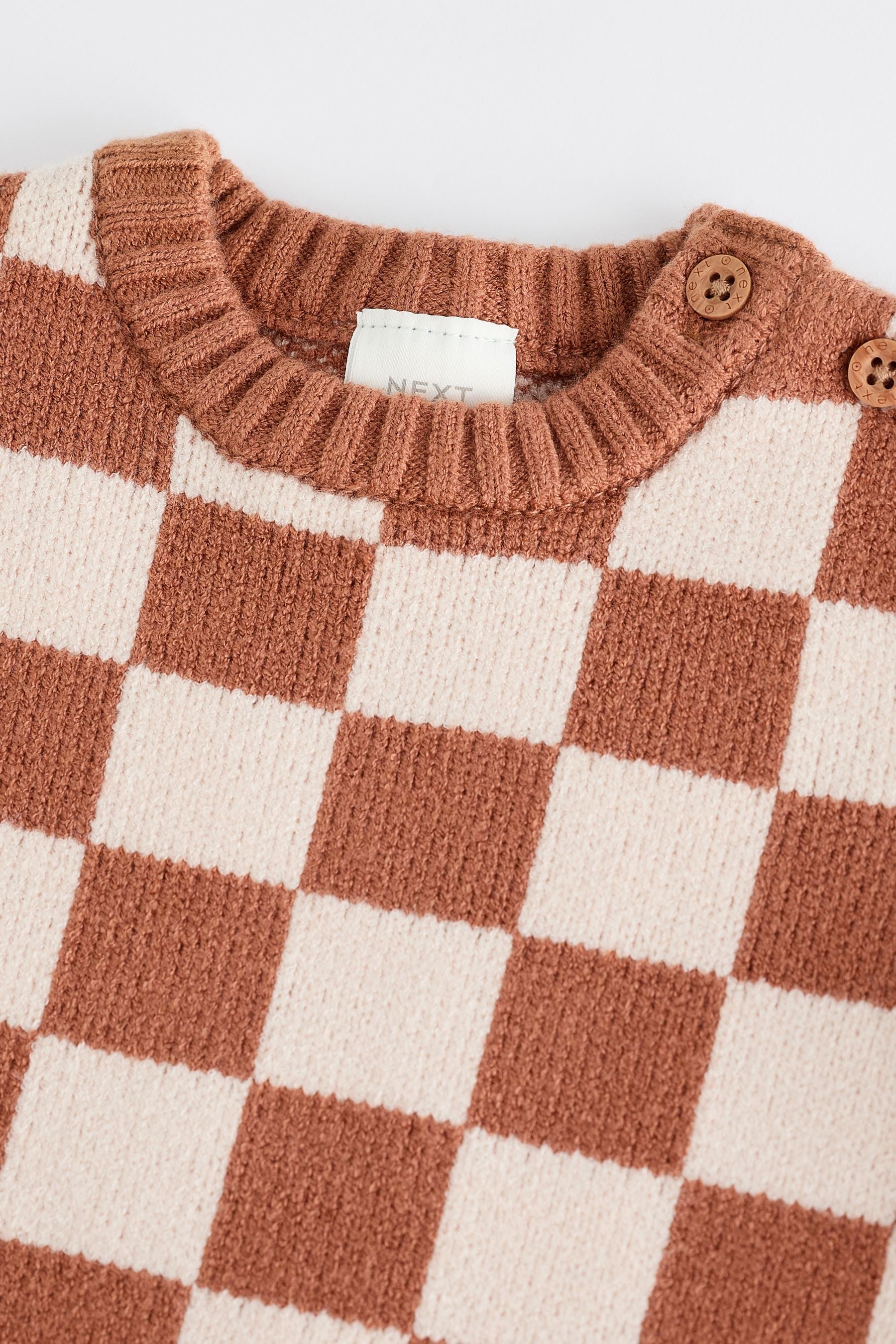 Brown Checkerboard Knitted Baby Romper (0mths-2yrs)