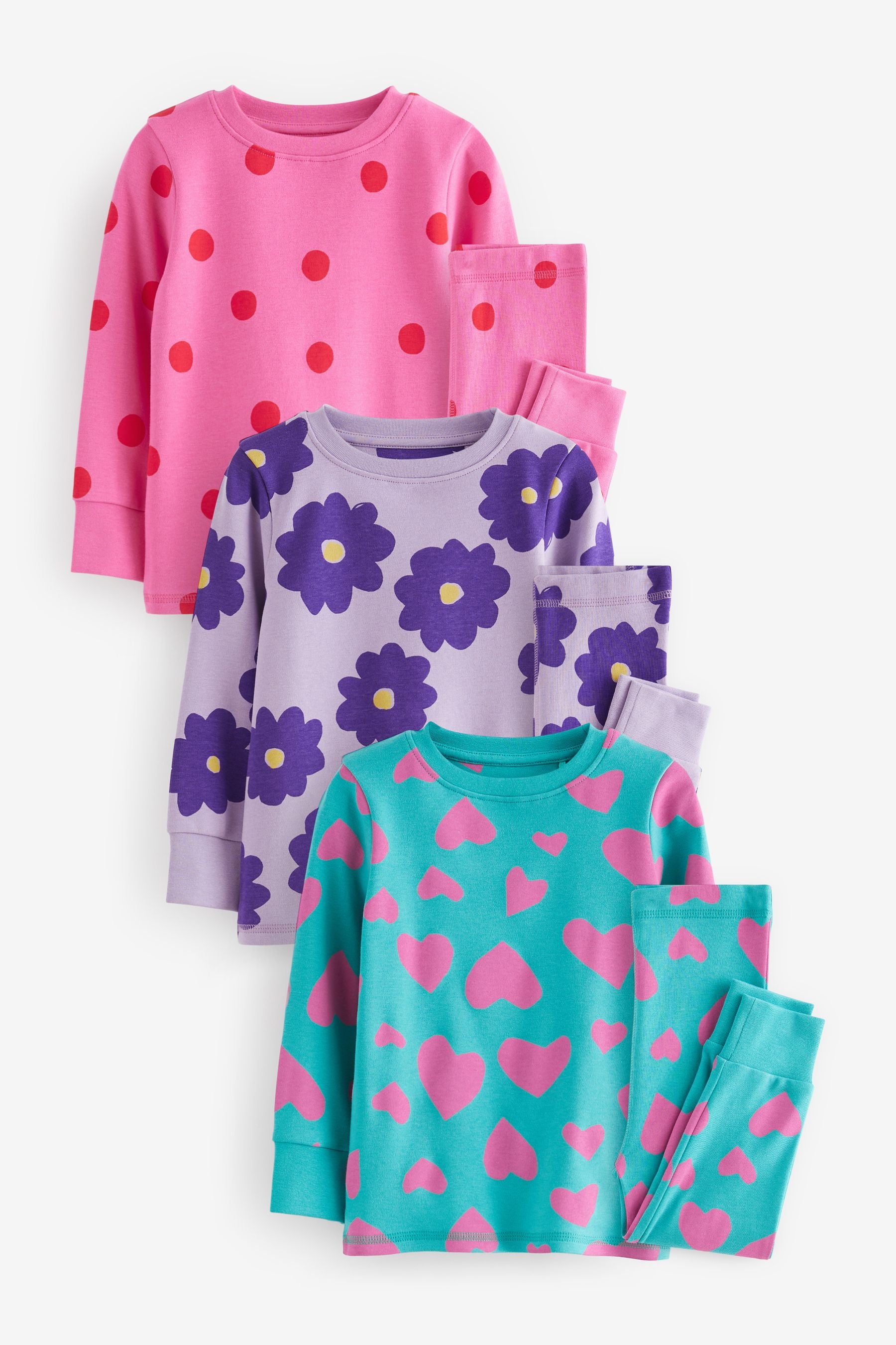 Purple/Pink/Green 3 Pack 100% Cotton Snuggle Pyjamas (9mths-12yrs)