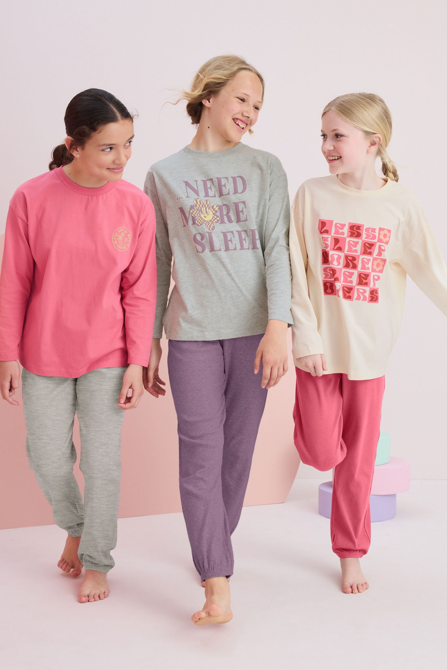 Ecru Cream/Pink 100% Cotton Pyjamas 3 Pack (3-16yrs)