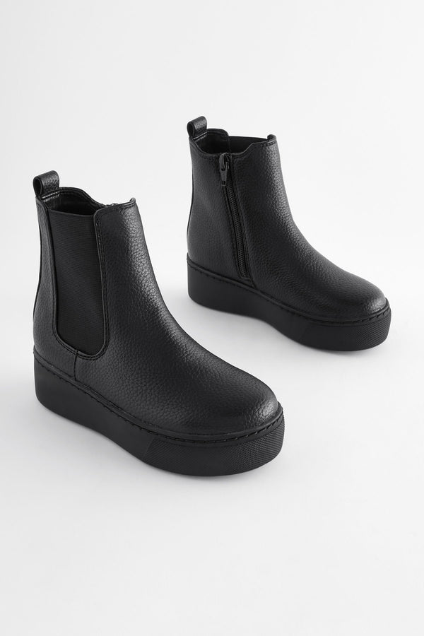 Black Chunky Wedge Chelsea Boots