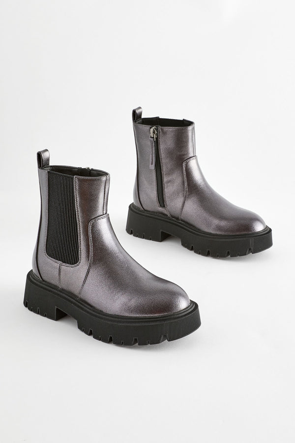 Silver Metallic Standard Fit (F) Chunky Chelsea Boots