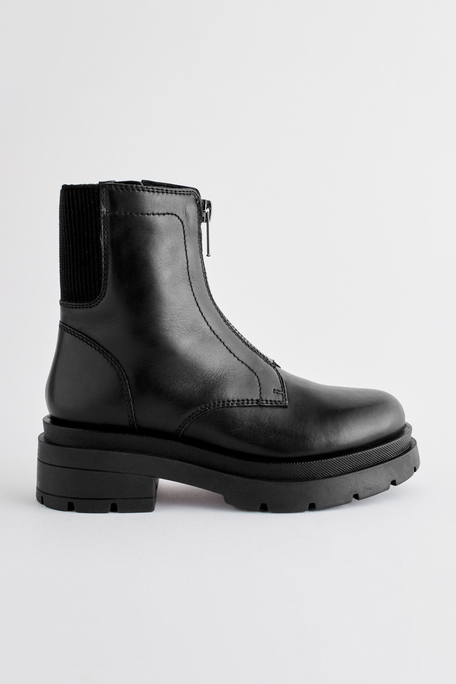 Black Leather Zip Front Chunky Chelsea Boots