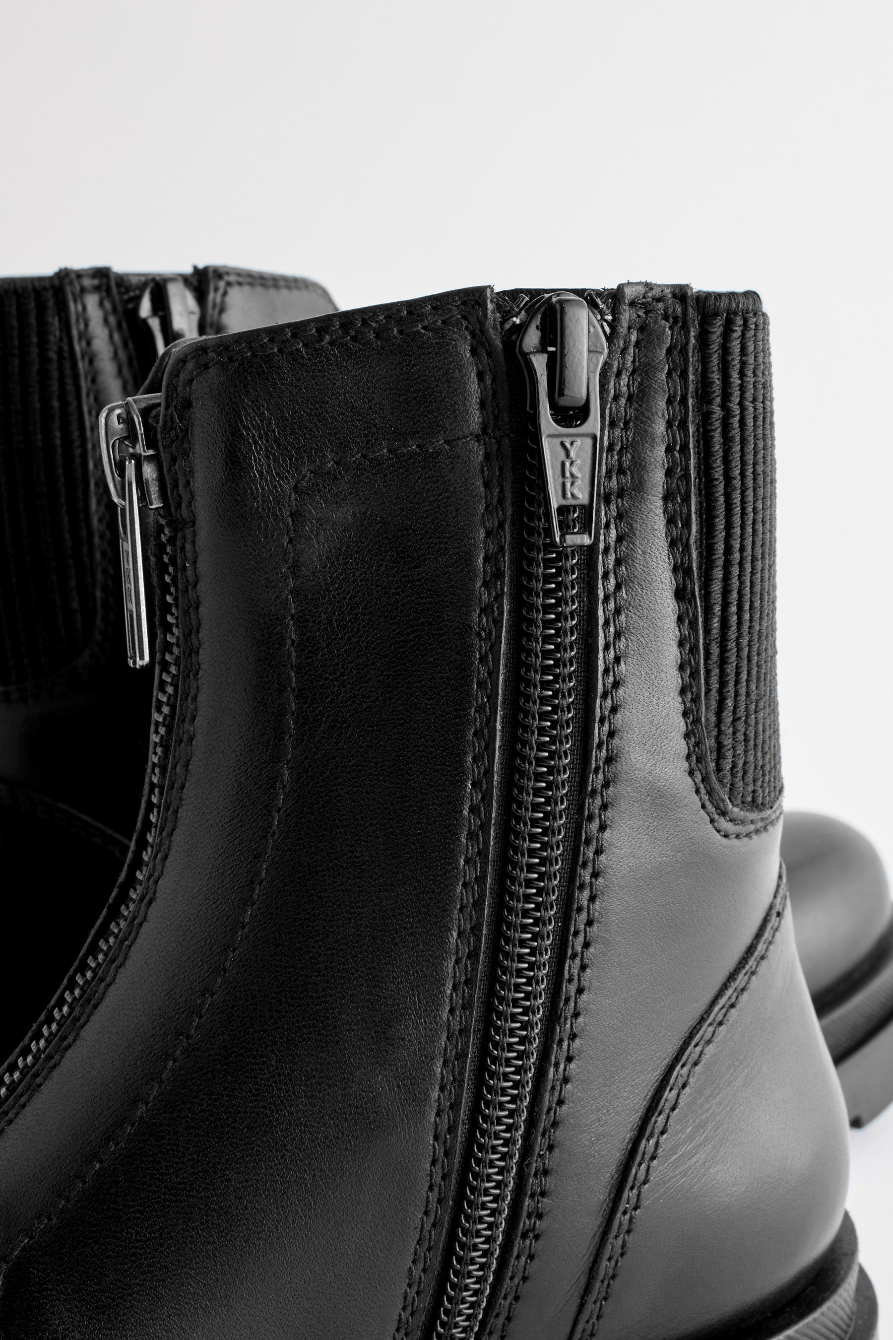 Black Leather Zip Front Chunky Chelsea Boots