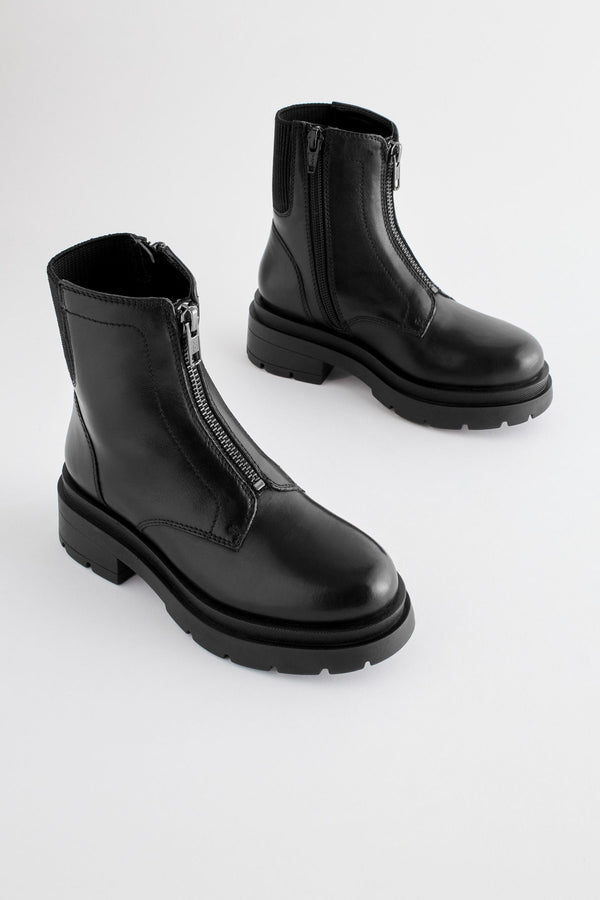 Black Leather Zip Front Chunky Chelsea Boots