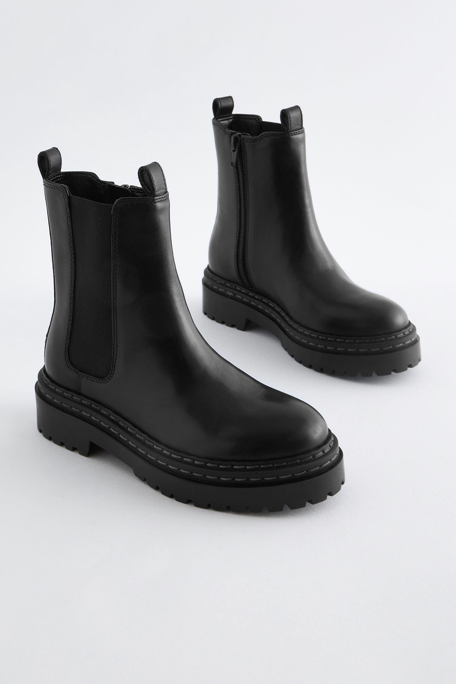 Black Leather Chunky Chelsea Boots