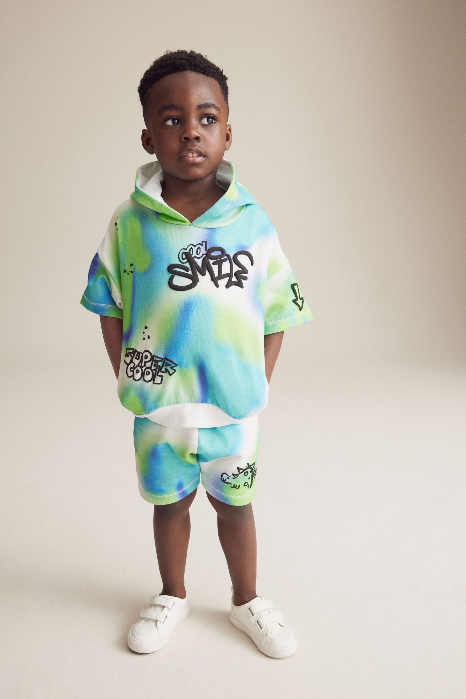 Blue/Green Tie Dye Graffiti 100% Cotton Short Sleeve Hooded Sweatshirt and Shorts Set (3mths-7yrs)