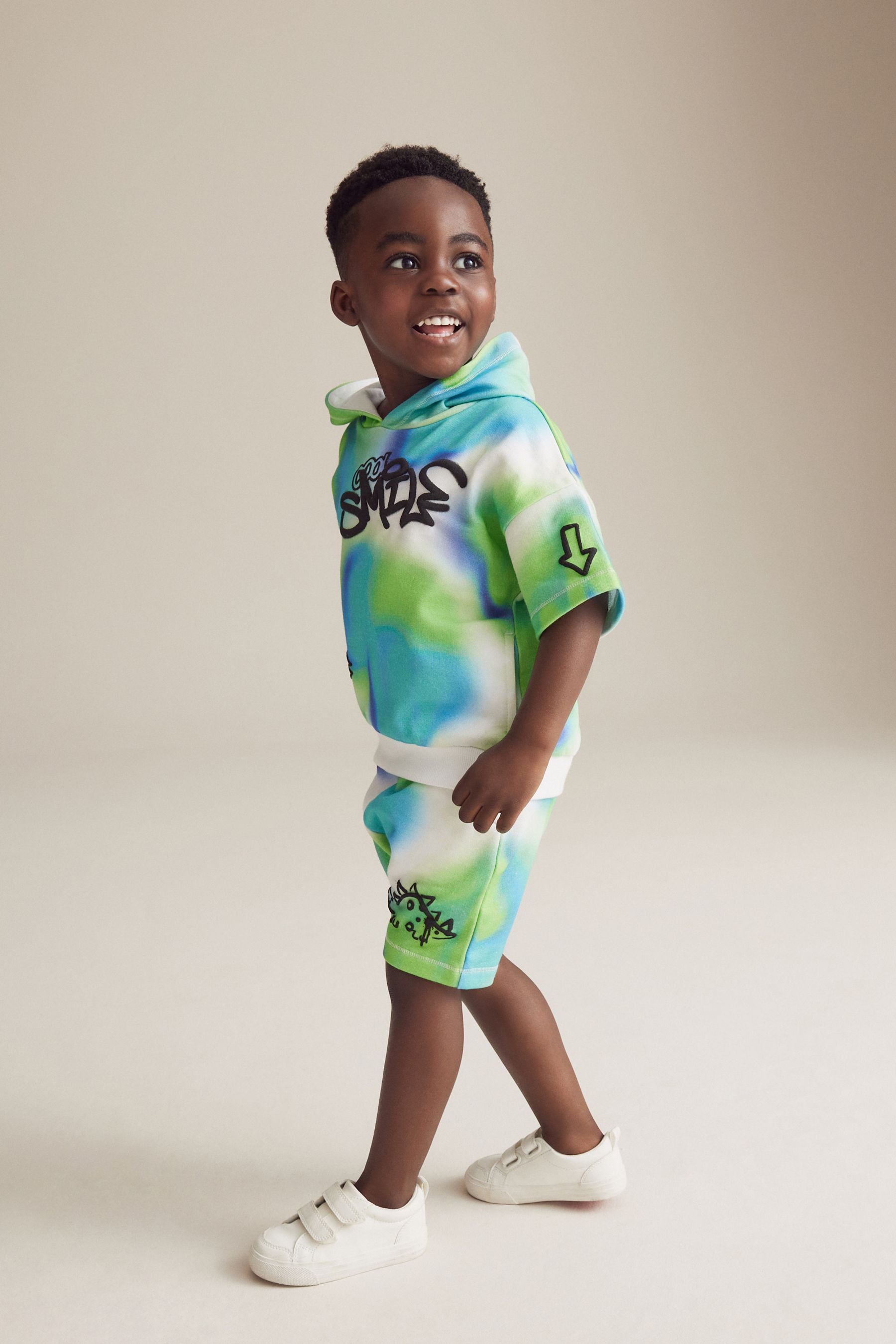 Blue/Green Tie Dye Graffiti 100% Cotton Short Sleeve Hooded Sweatshirt and Shorts Set (3mths-7yrs)