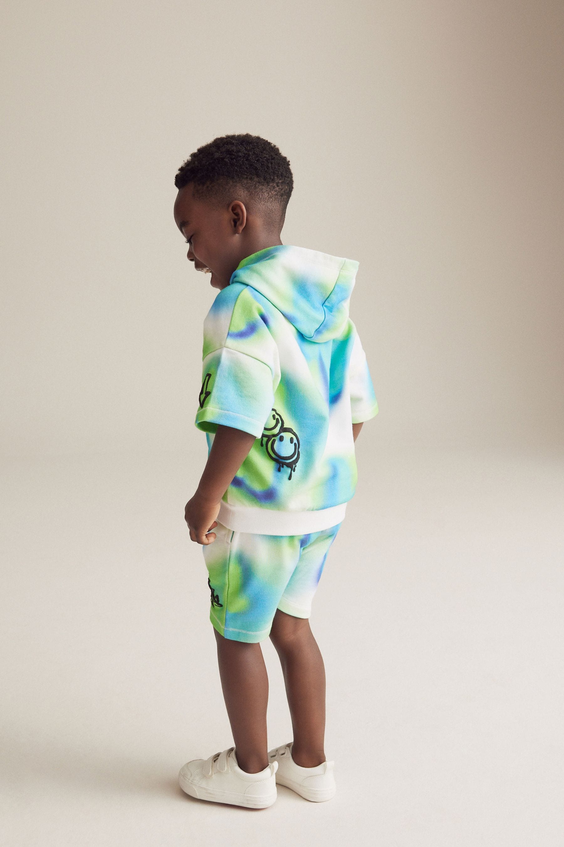 Blue/Green Tie Dye Graffiti 100% Cotton Short Sleeve Hooded Sweatshirt and Shorts Set (3mths-7yrs)