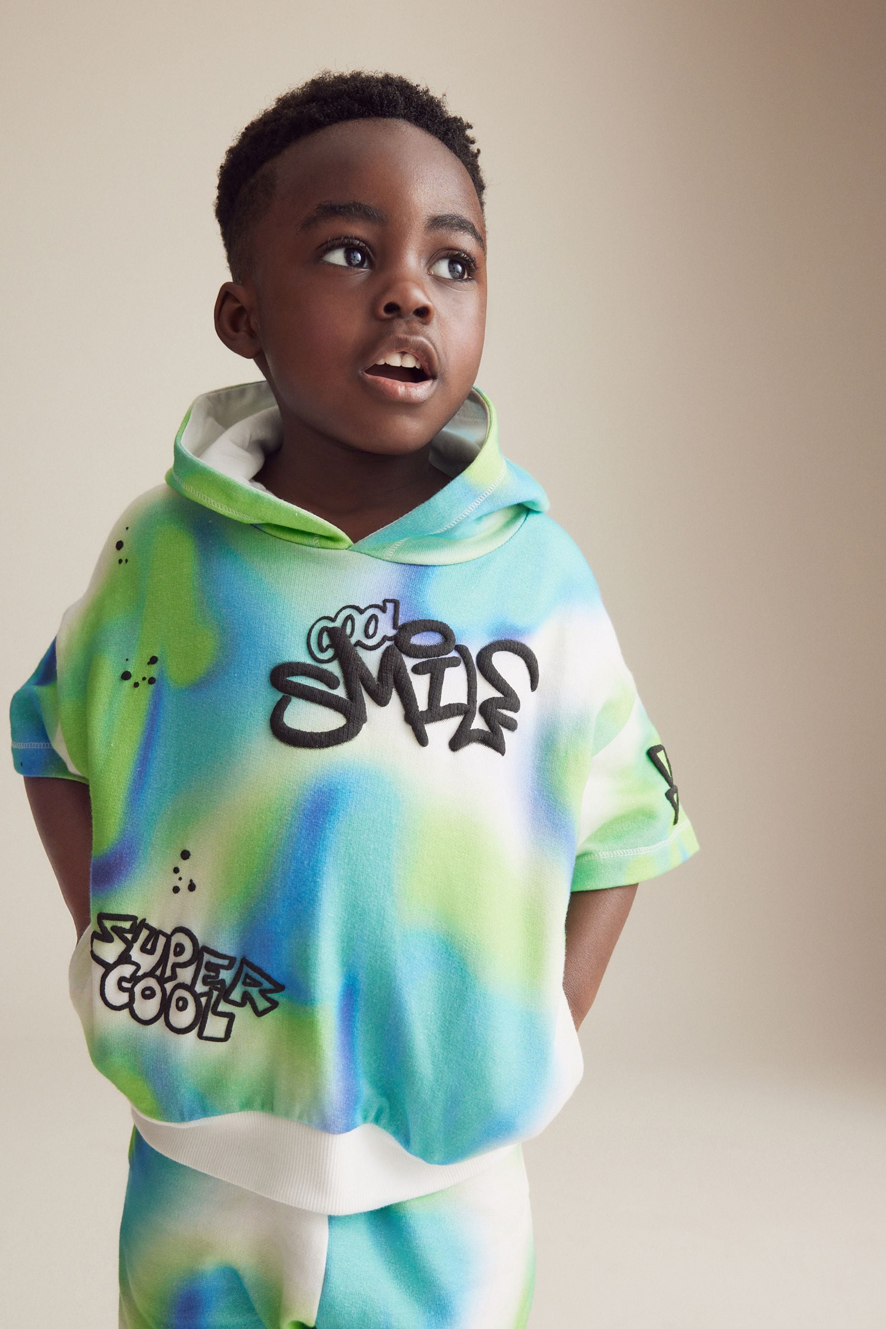 Blue/Green Tie Dye Graffiti 100% Cotton Short Sleeve Hooded Sweatshirt and Shorts Set (3mths-7yrs)