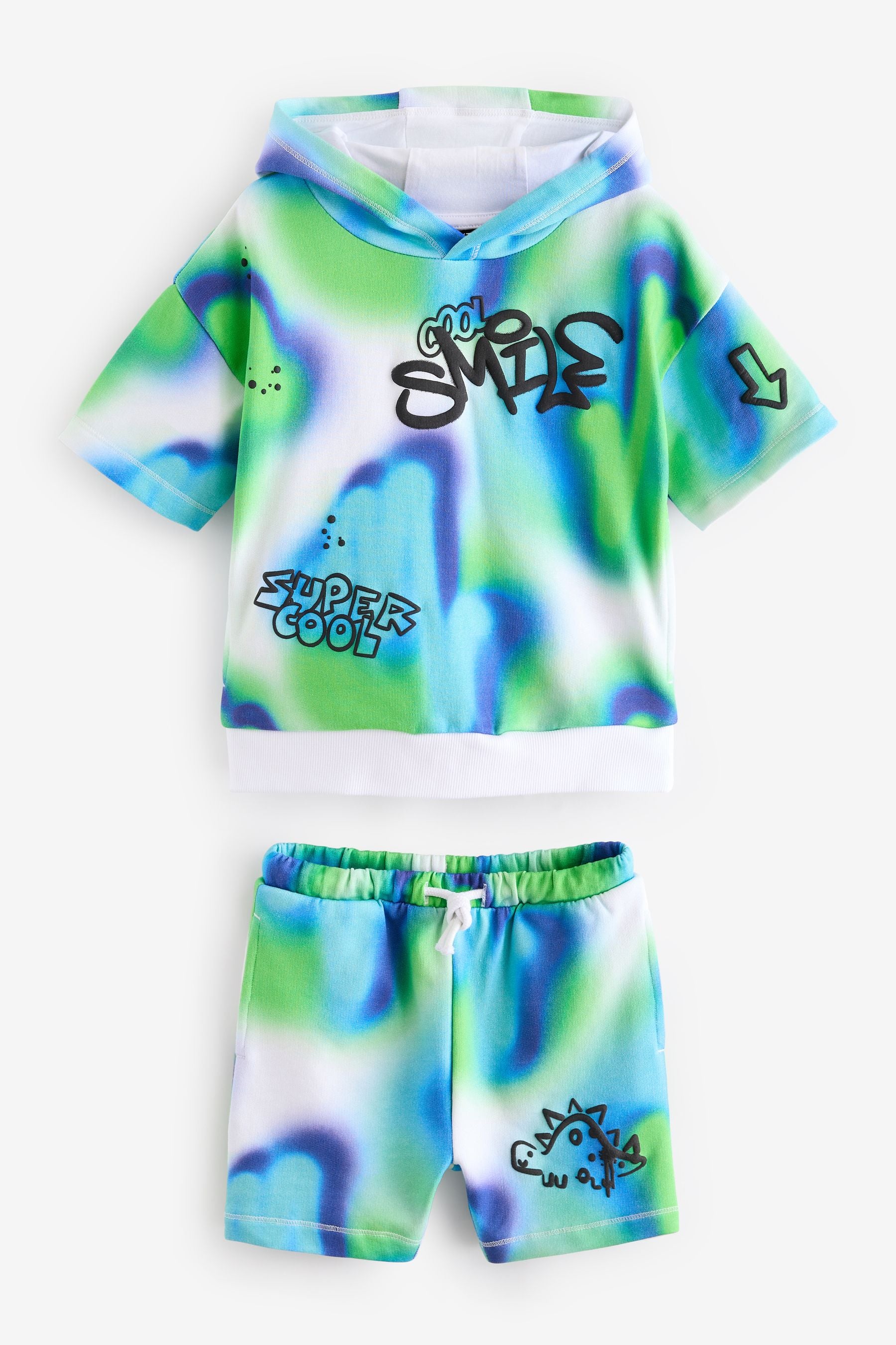 Blue/Green Tie Dye Graffiti 100% Cotton Short Sleeve Hooded Sweatshirt and Shorts Set (3mths-7yrs)