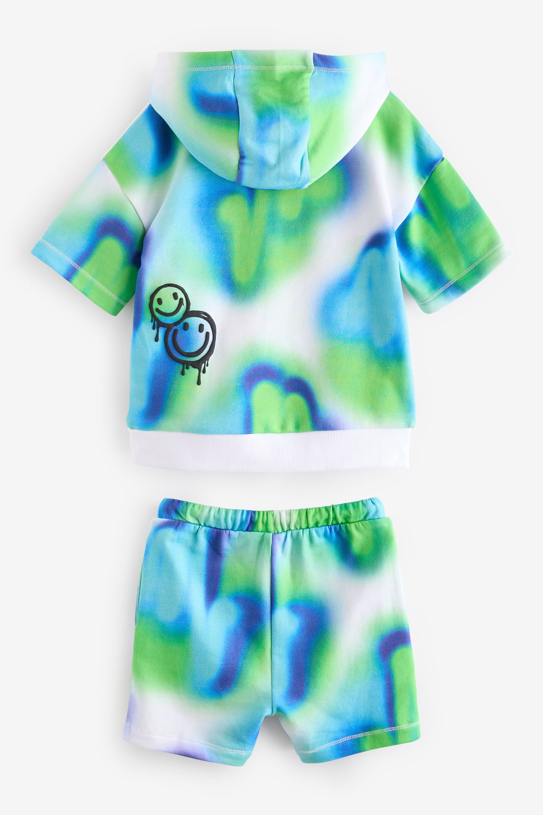 Blue/Green Tie Dye Graffiti 100% Cotton Short Sleeve Hooded Sweatshirt and Shorts Set (3mths-7yrs)