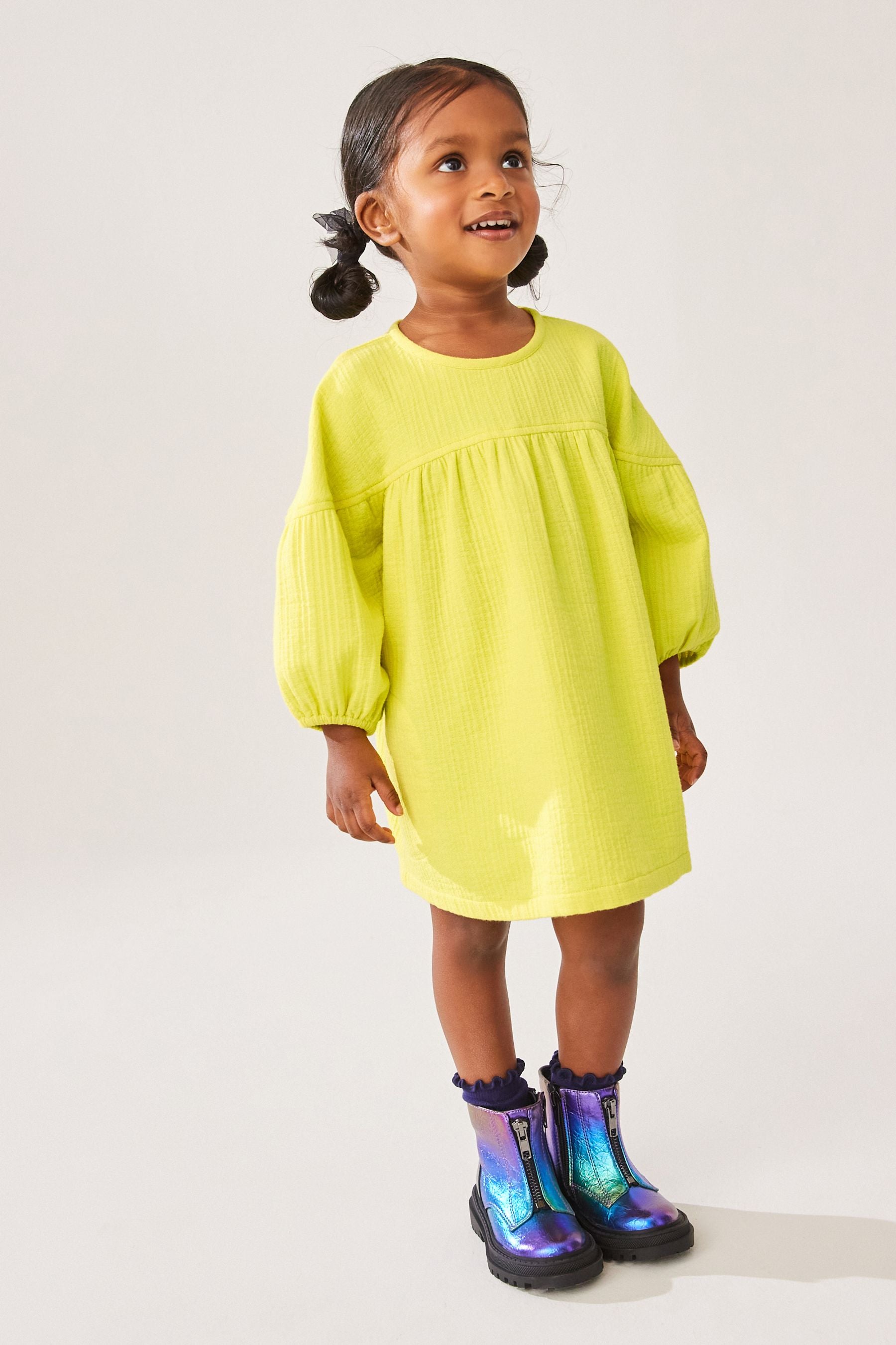 Yellow Textured 100% Cotton Dress (3mths-8yrs)