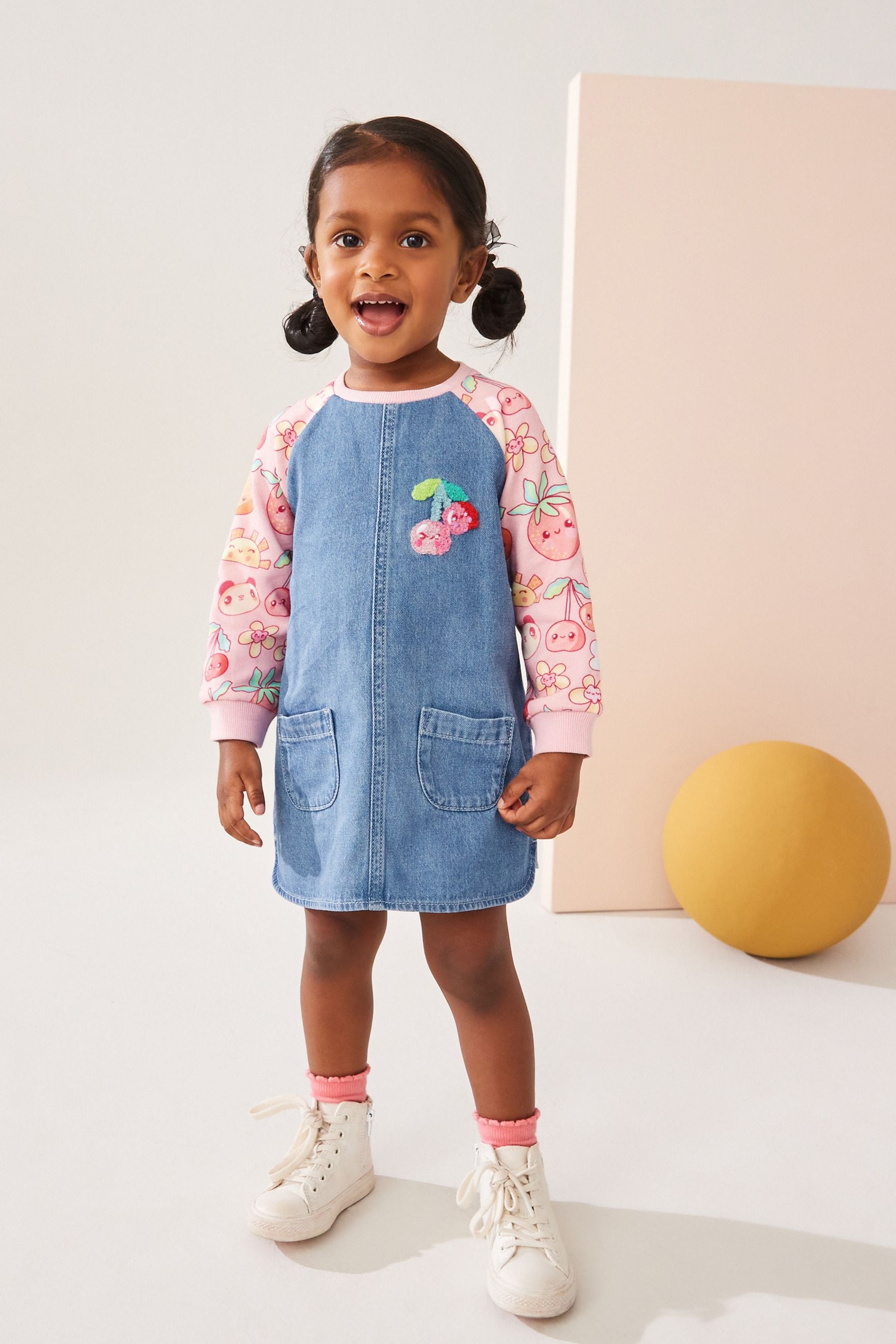 Pink Fruit Print 100% Cotton Raglan Denim Dress (3mths-8yrs)