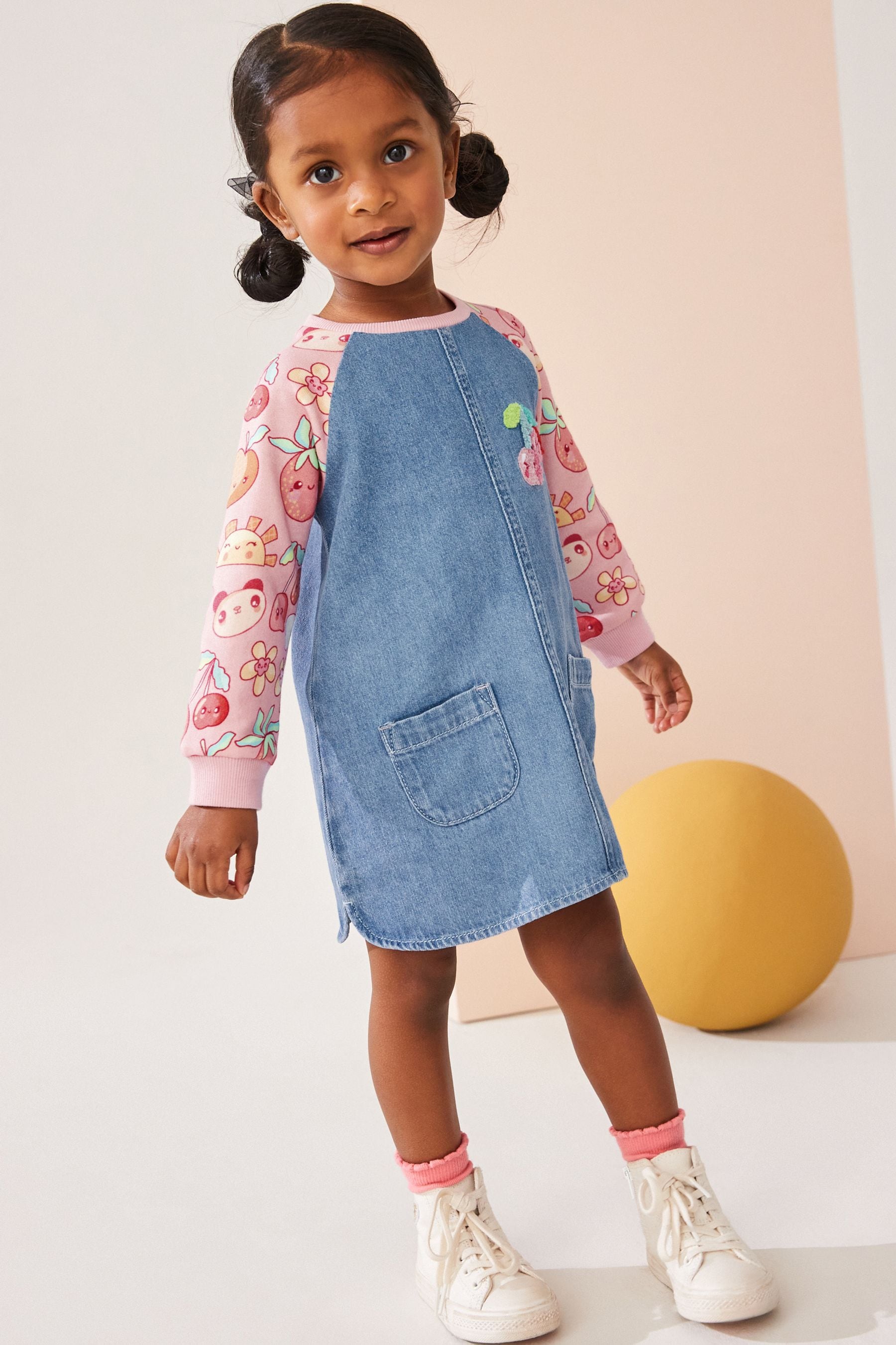 Pink Fruit Print 100% Cotton Raglan Denim Dress (3mths-8yrs)