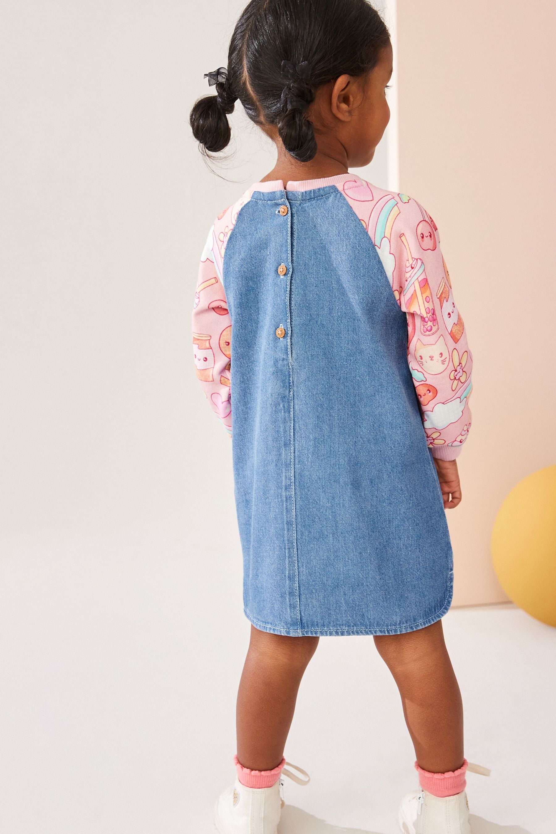 Pink Fruit Print 100% Cotton Raglan Denim Dress (3mths-8yrs)