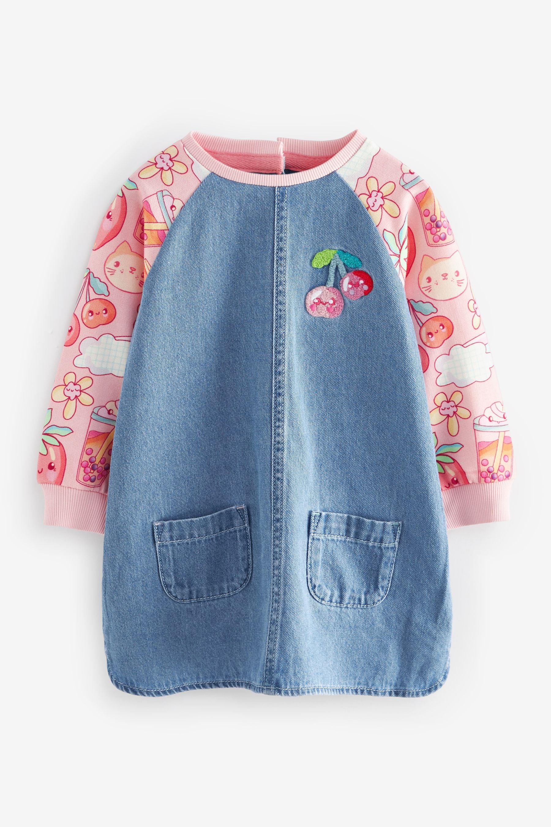 Pink Fruit Print 100% Cotton Raglan Denim Dress (3mths-8yrs)