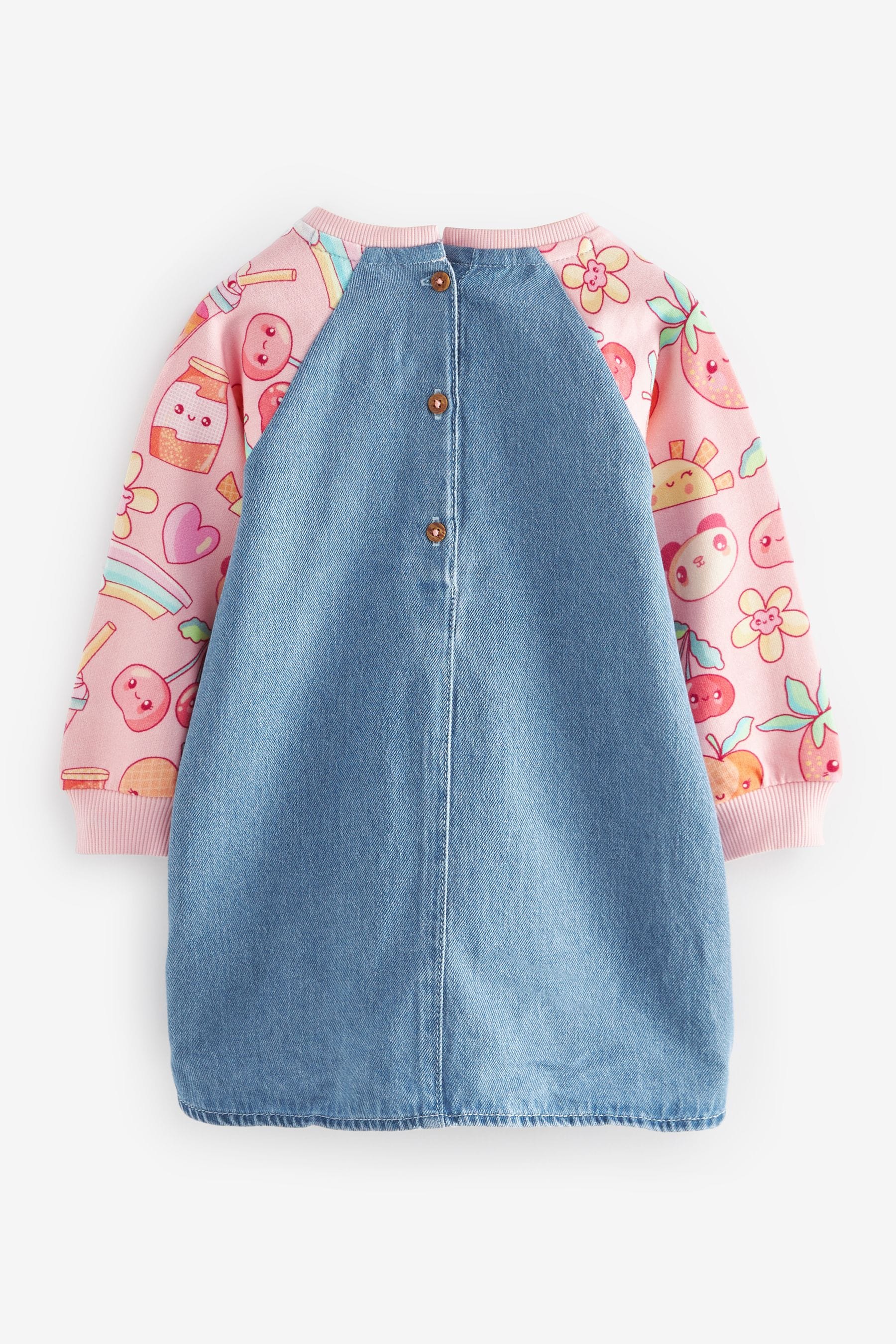 Pink Fruit Print 100% Cotton Raglan Denim Dress (3mths-8yrs)