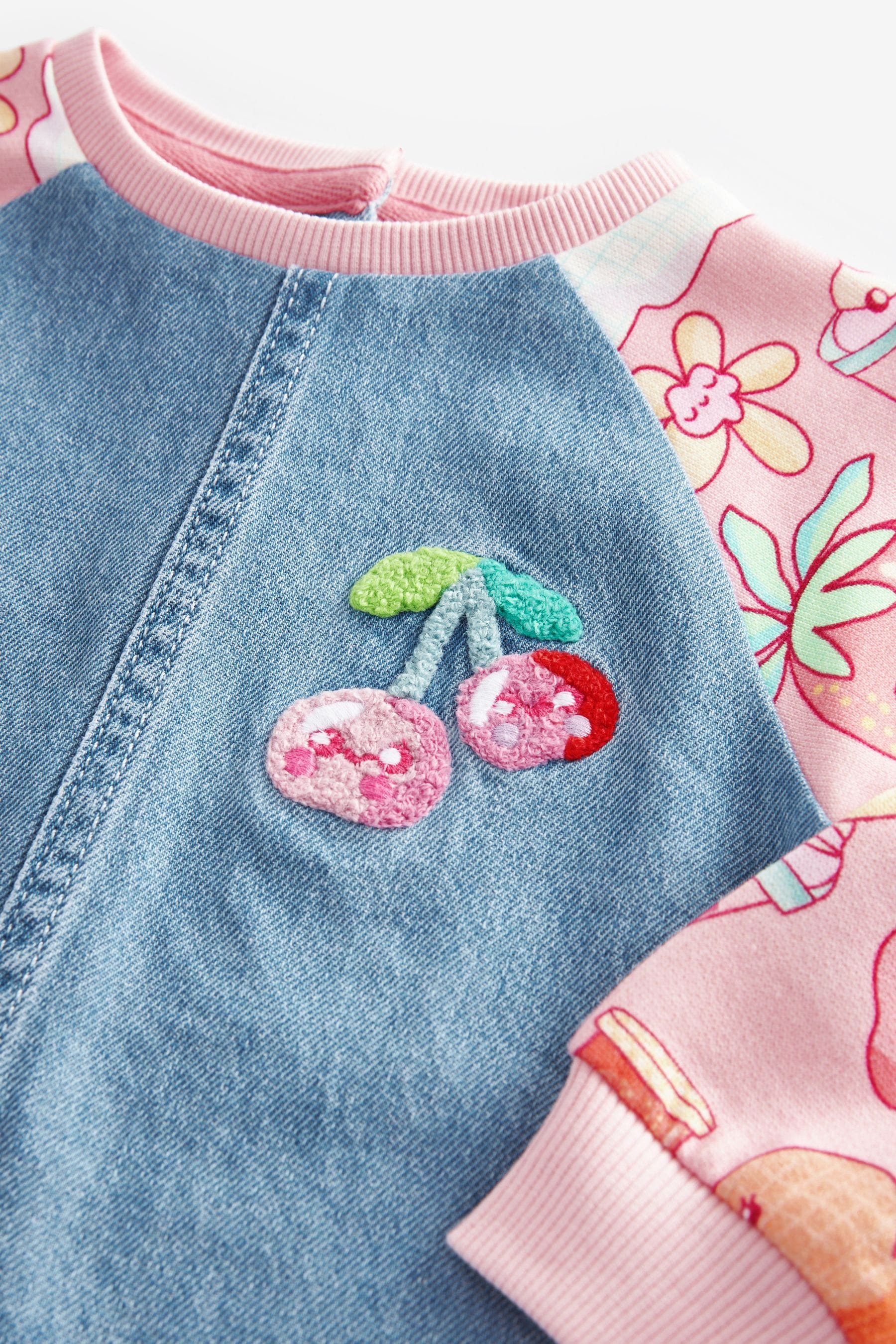 Pink Fruit Print 100% Cotton Raglan Denim Dress (3mths-8yrs)