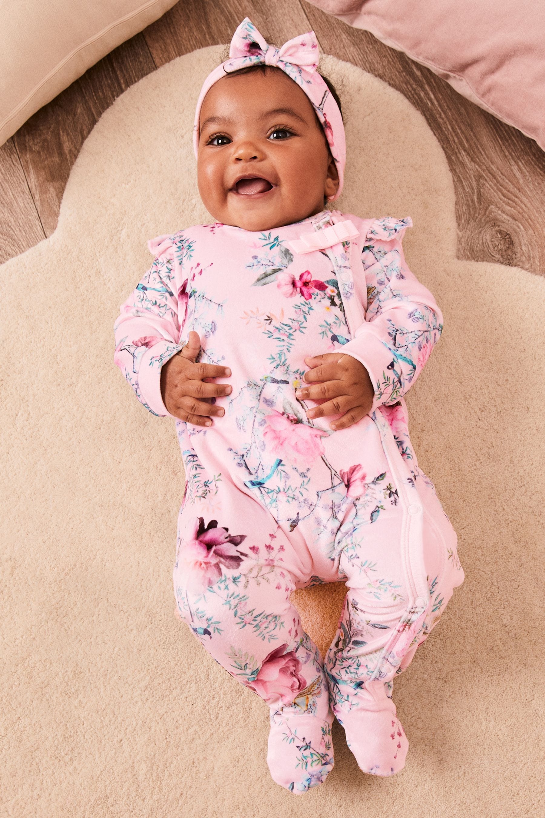 Lipsy Pink Velour Sleepsuit With Matching Headband