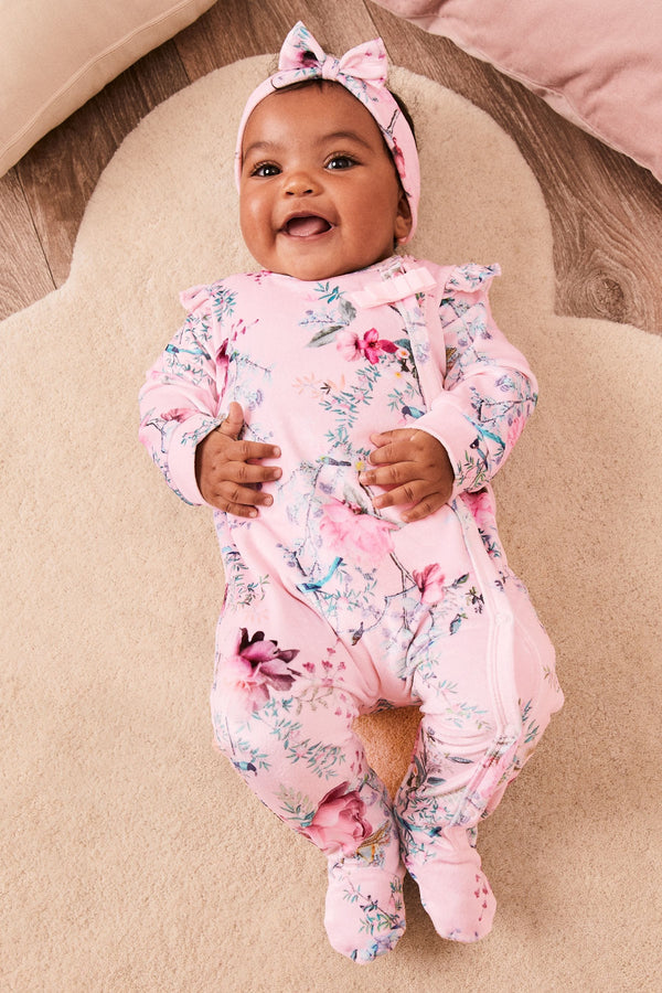 Pink Velour Sleepsuit With Matching Headband