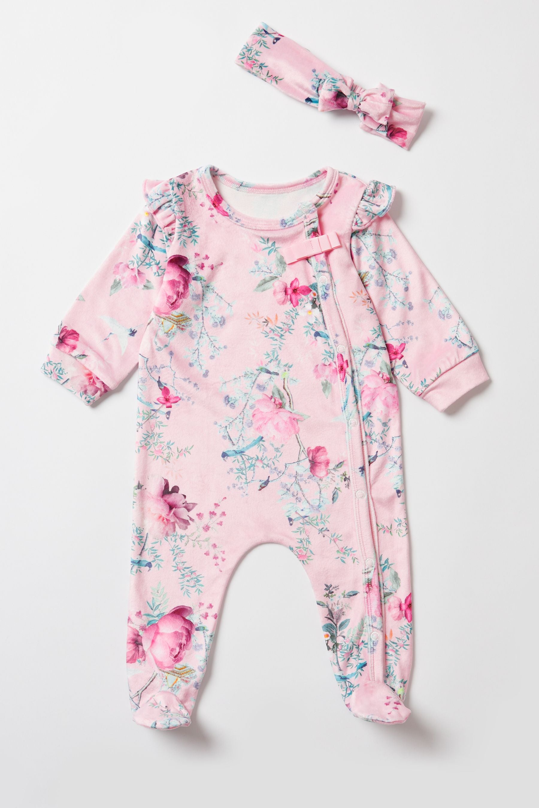 Lipsy Pink Velour Sleepsuit With Matching Headband