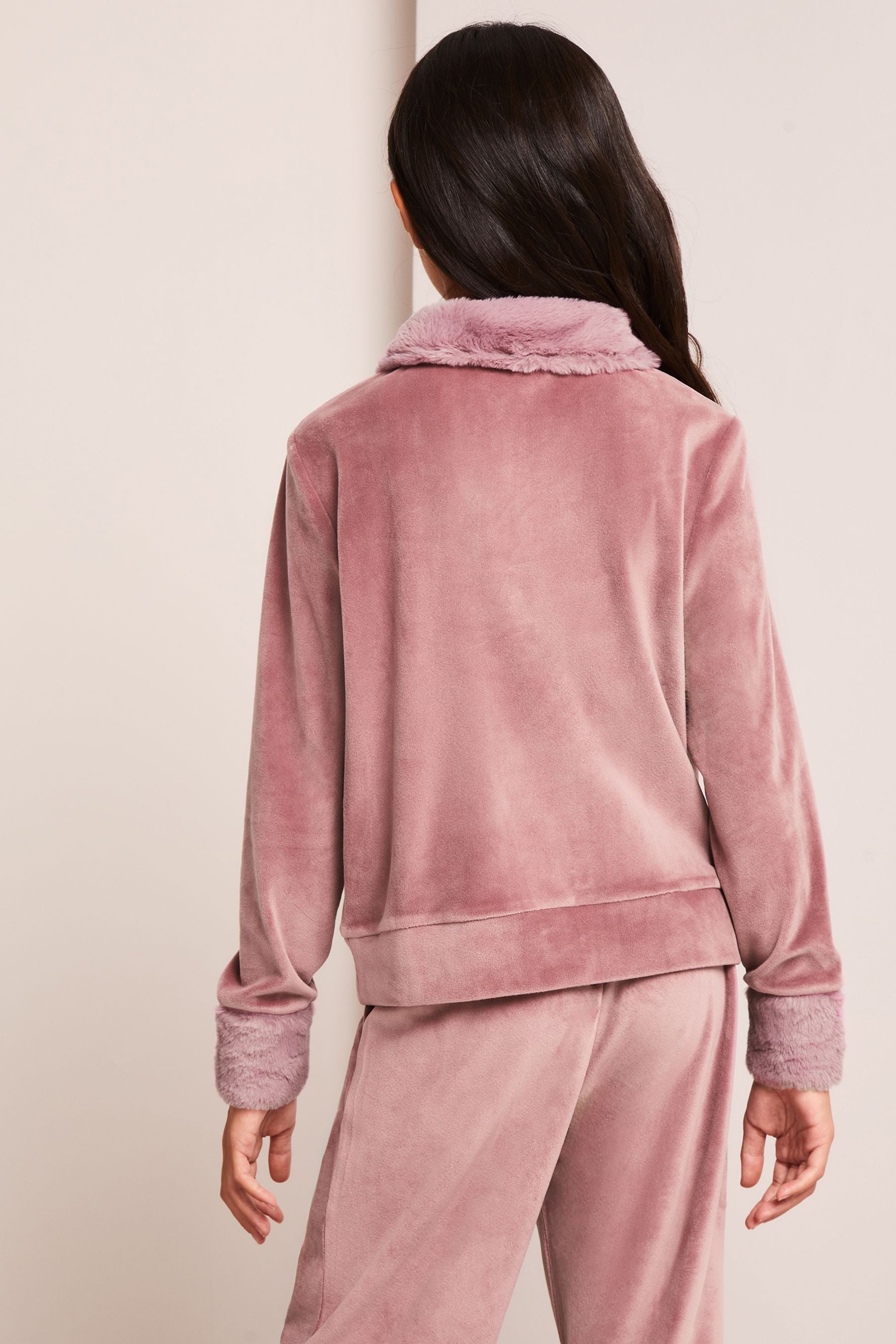 Pink Velour Faux Fur Collar Half Zip Sweatshirt