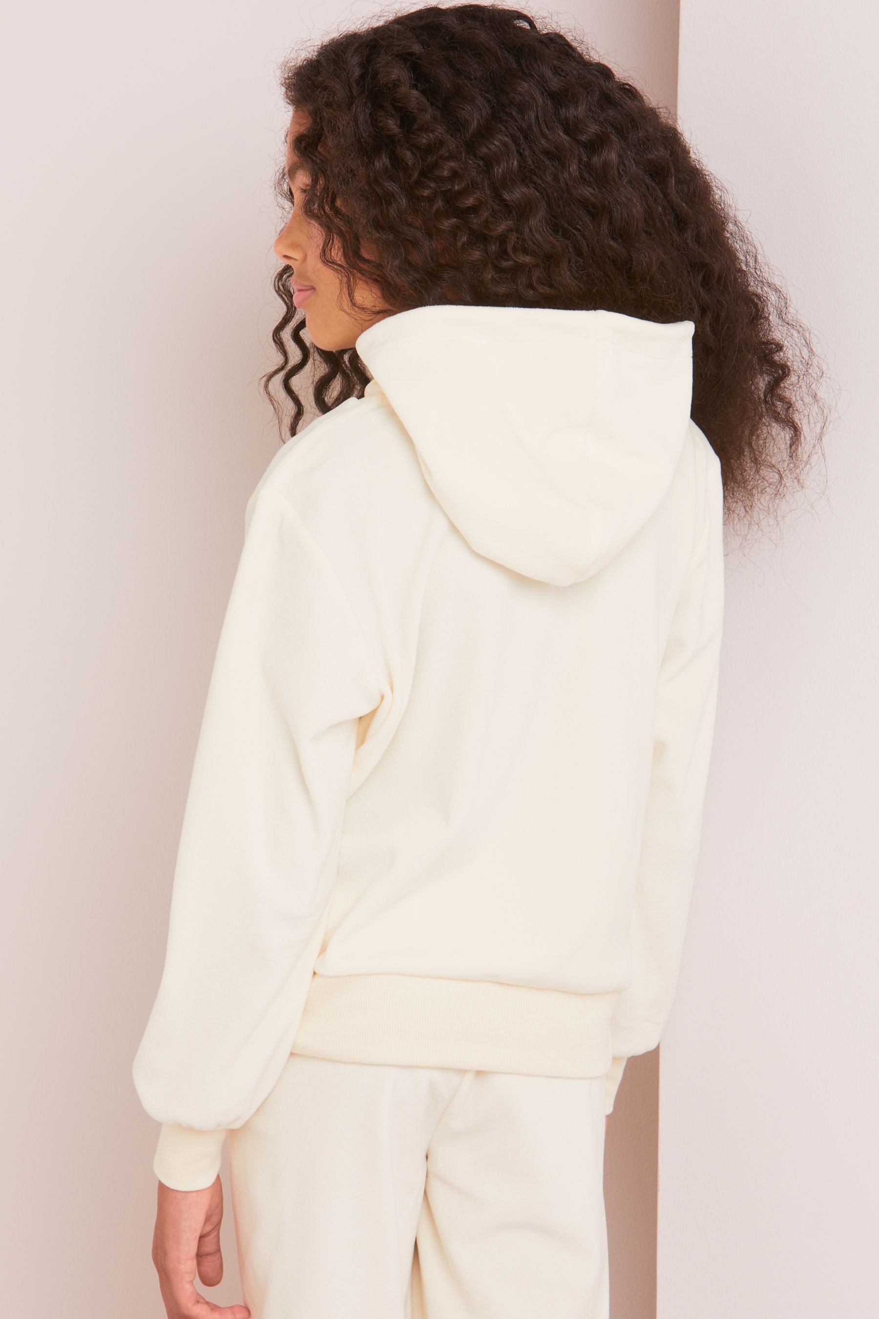 Cream Embellished Velour Zip Up Hoodie