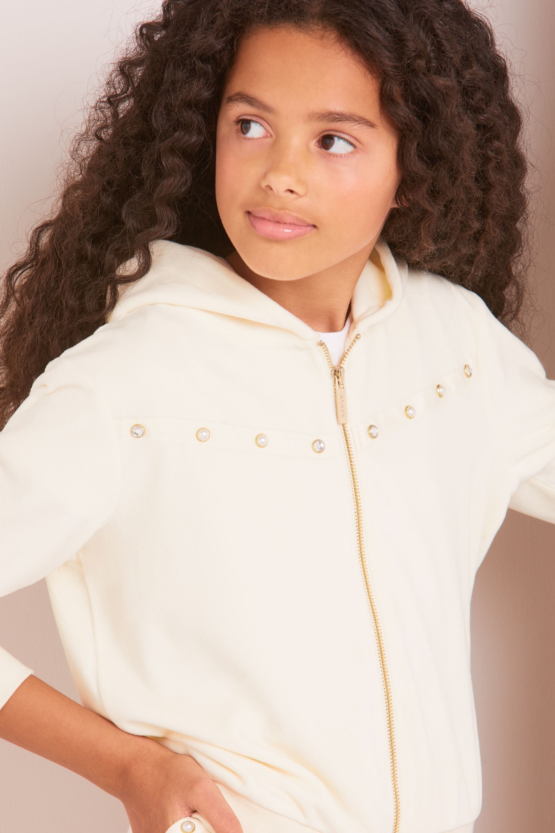 Cream Embellished Velour Zip Up Hoodie