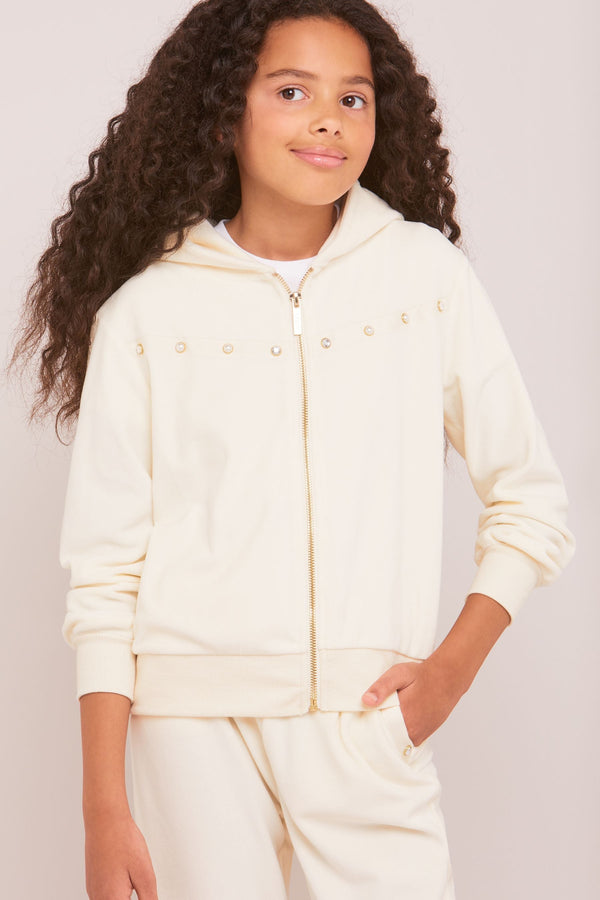 Cream Embellished Velour Zip Up Hoodie