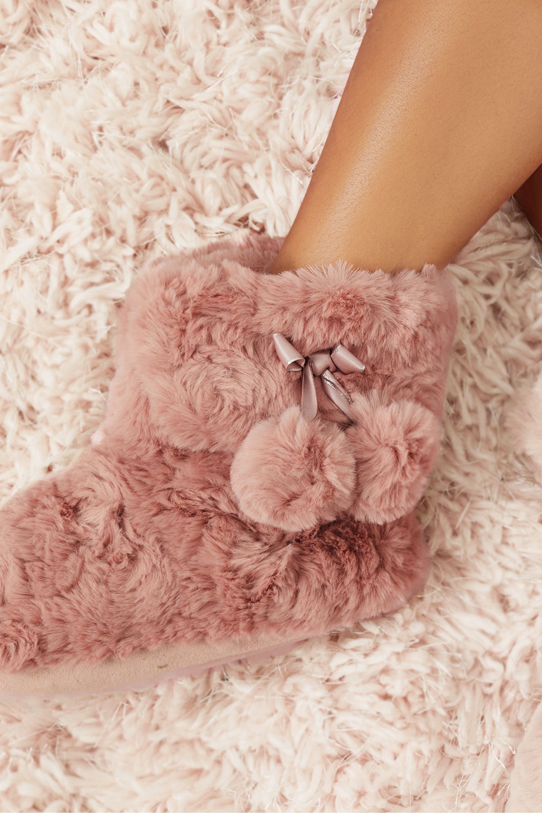 Nude Pink Faux Fur Pom Bootie Slippers