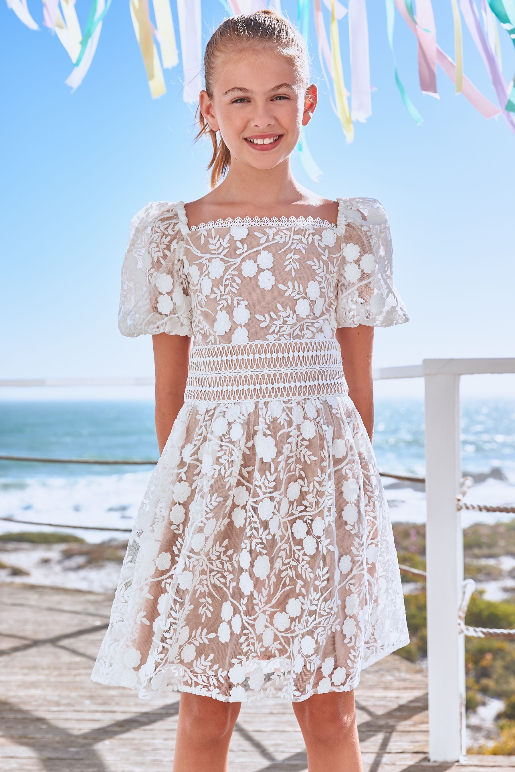 White Lace Puff Sleeve Occasion Dress